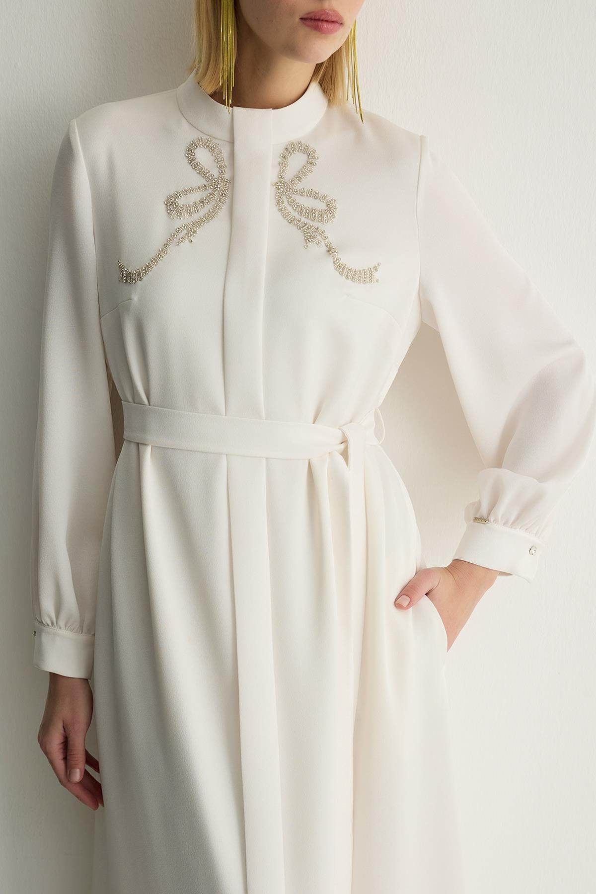 30044 Ribbon Elbise Ekru