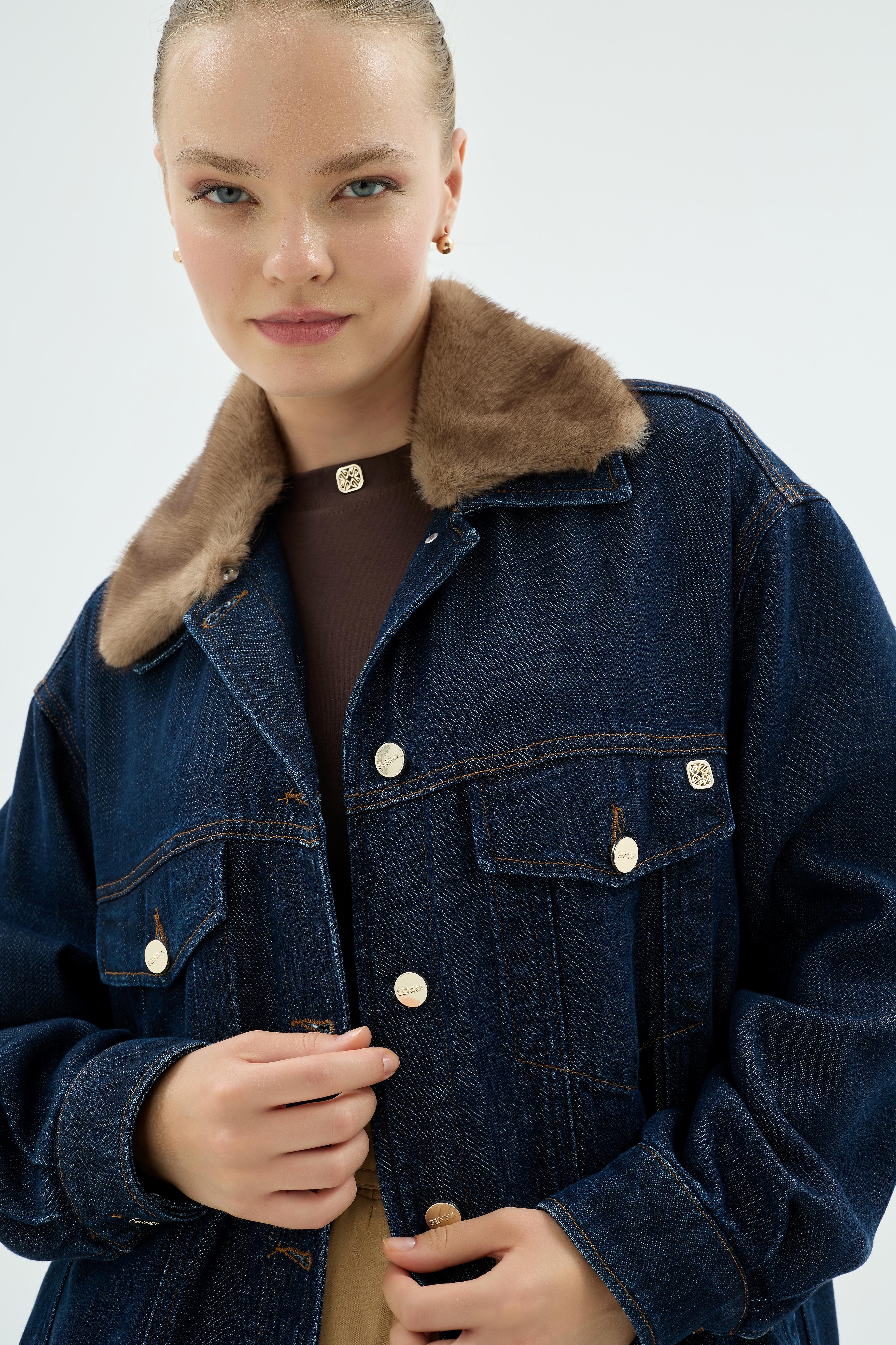 40017 Soul Kürklü Denim Ceket Koyu Mavi