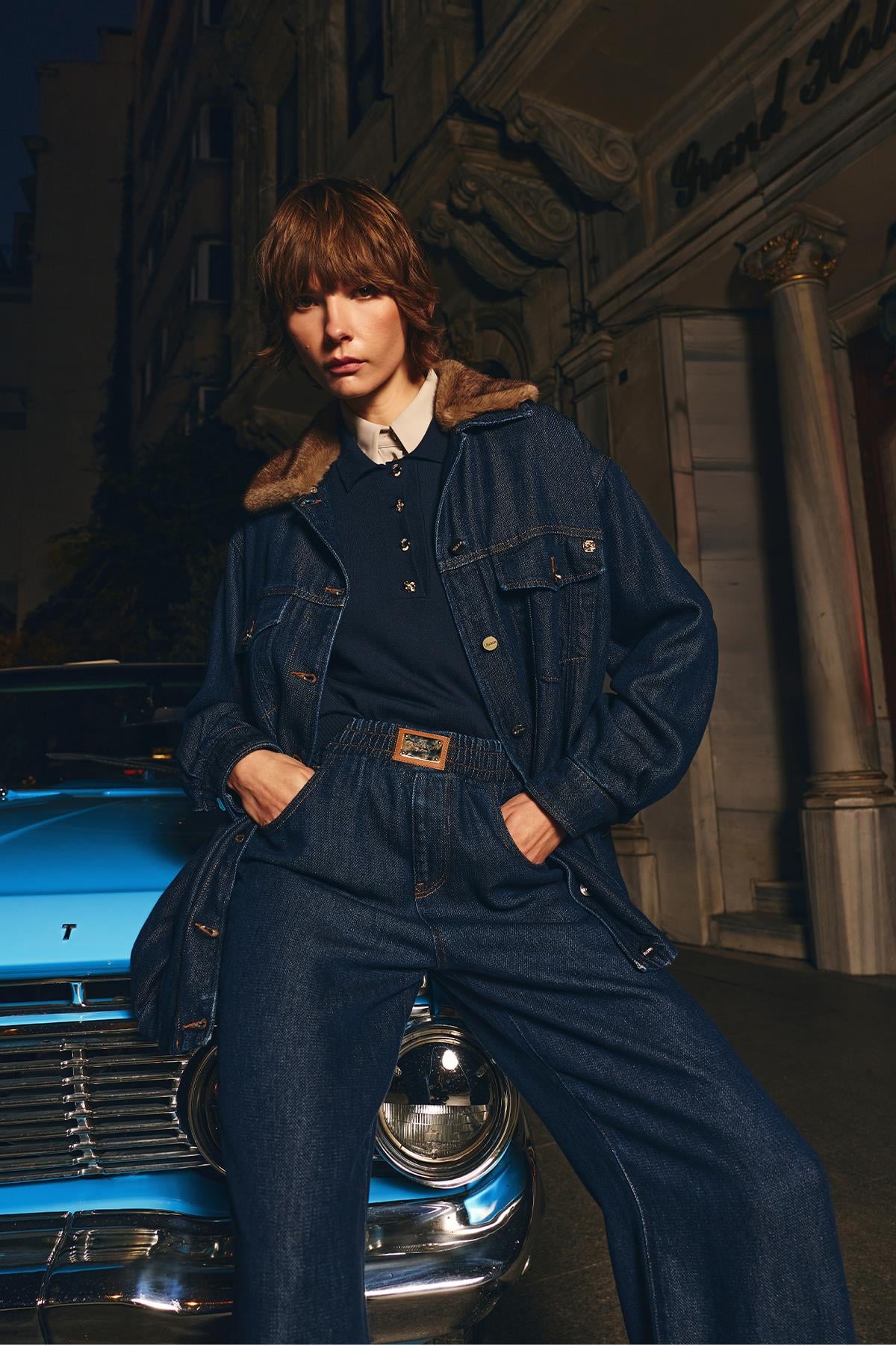 40017 Soul Kürklü Denim Ceket Koyu Mavi