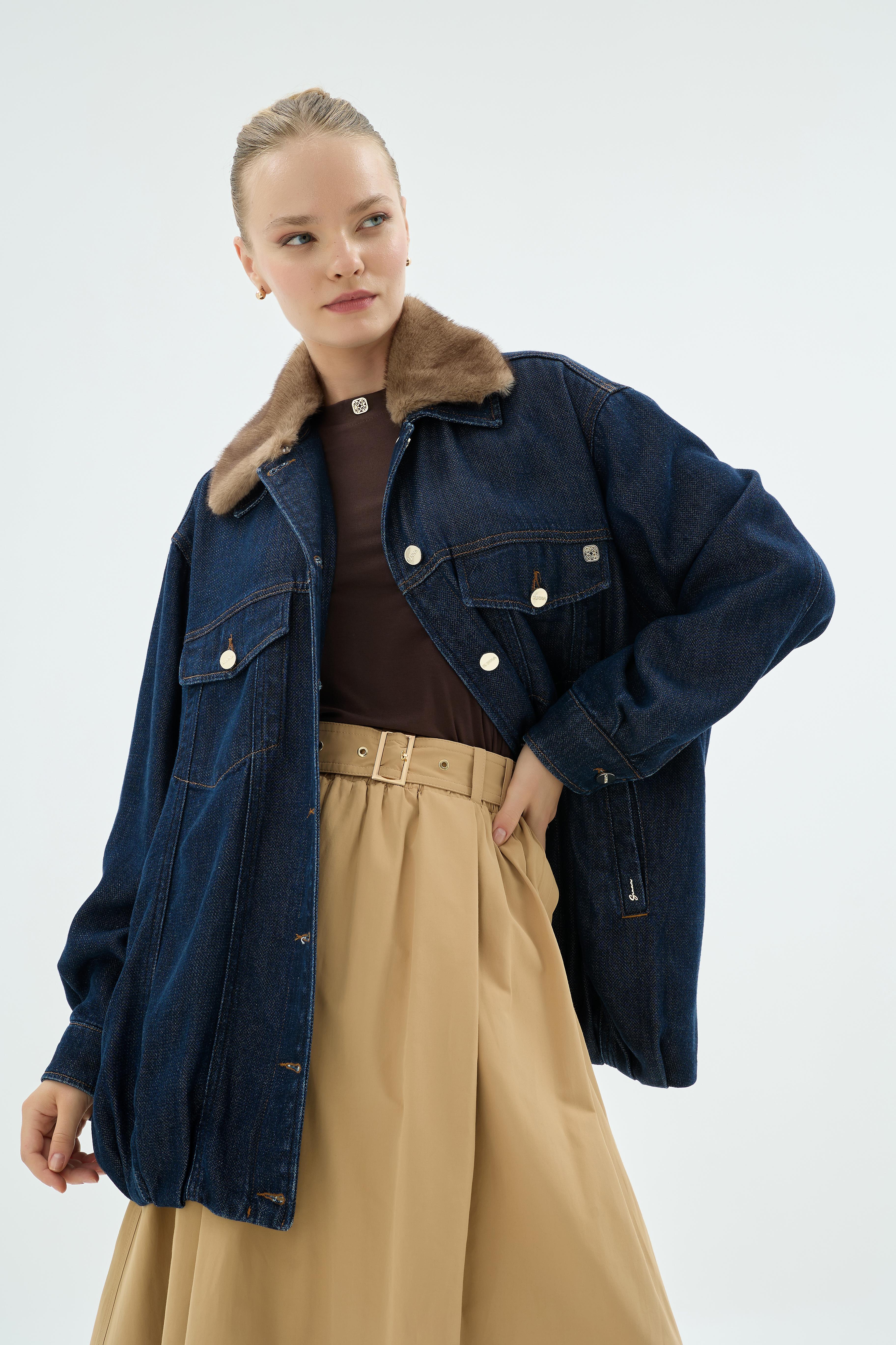 40017 Soul Kürklü Denim Ceket Koyu Mavi