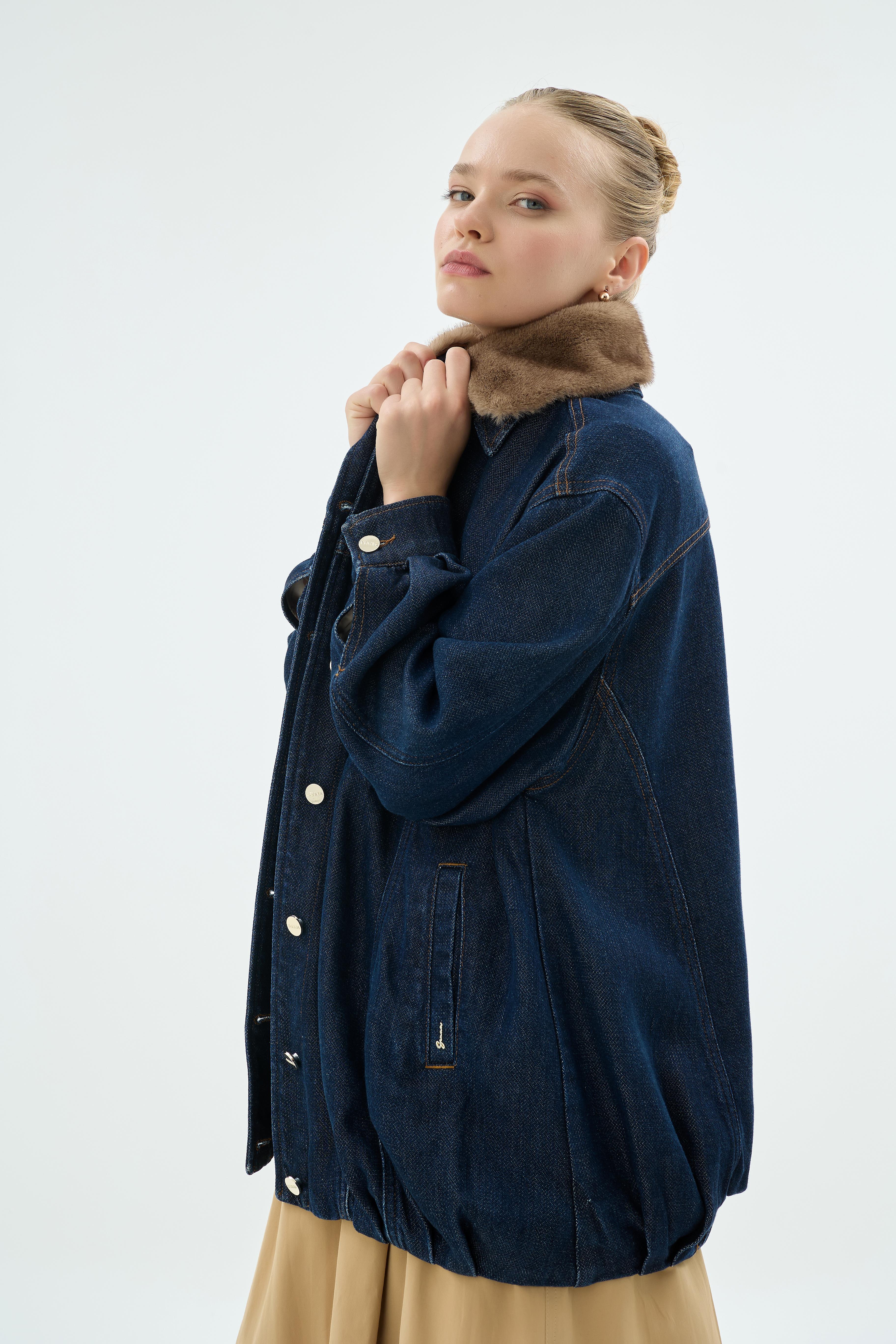 40017 Soul Kürklü Denim Ceket Koyu Mavi