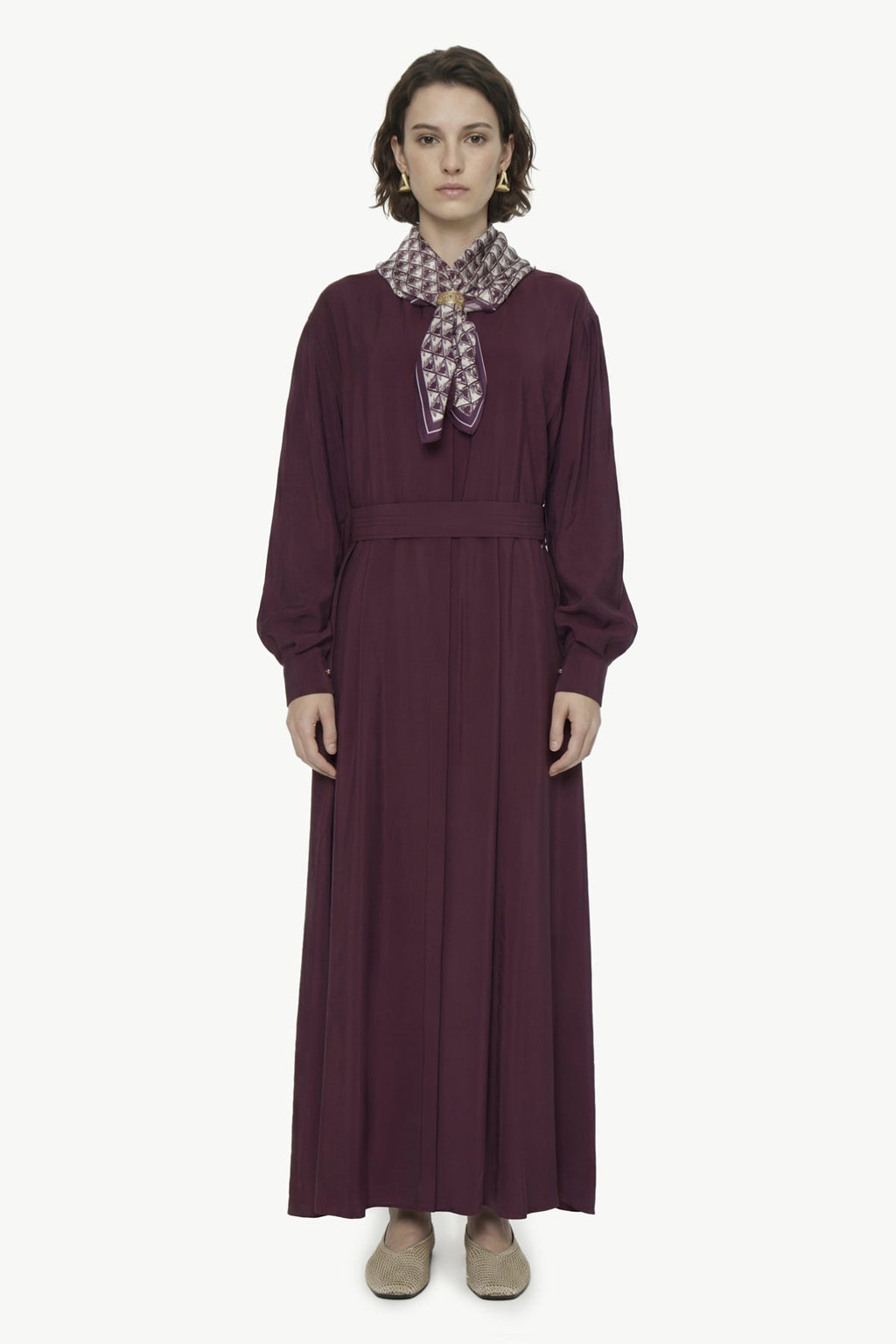 Kuşaklı Şal Detaylı Akışkan Bordo Elbise 0579