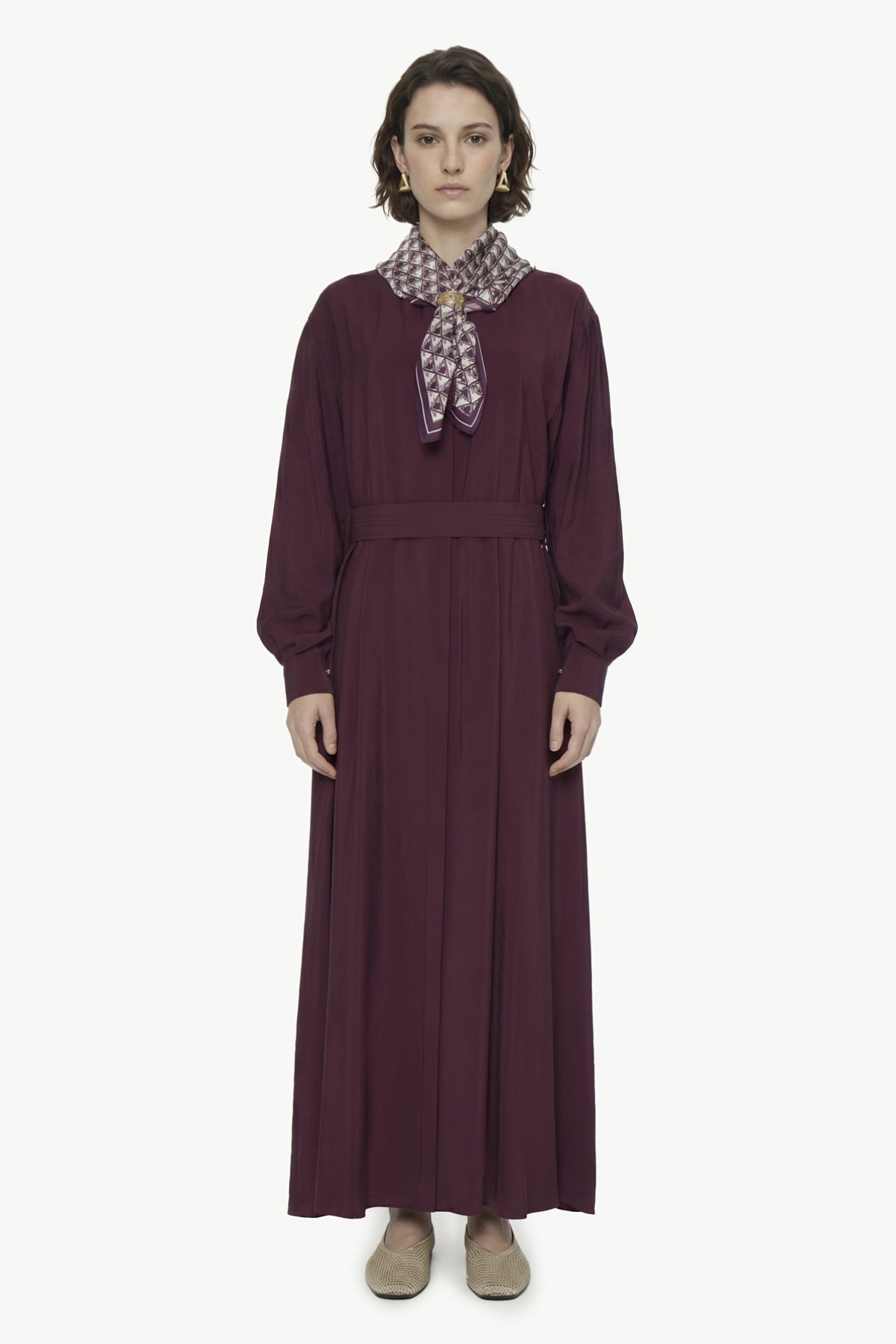 Kuşaklı Şal Detaylı Akışkan Bordo Elbise 0579
