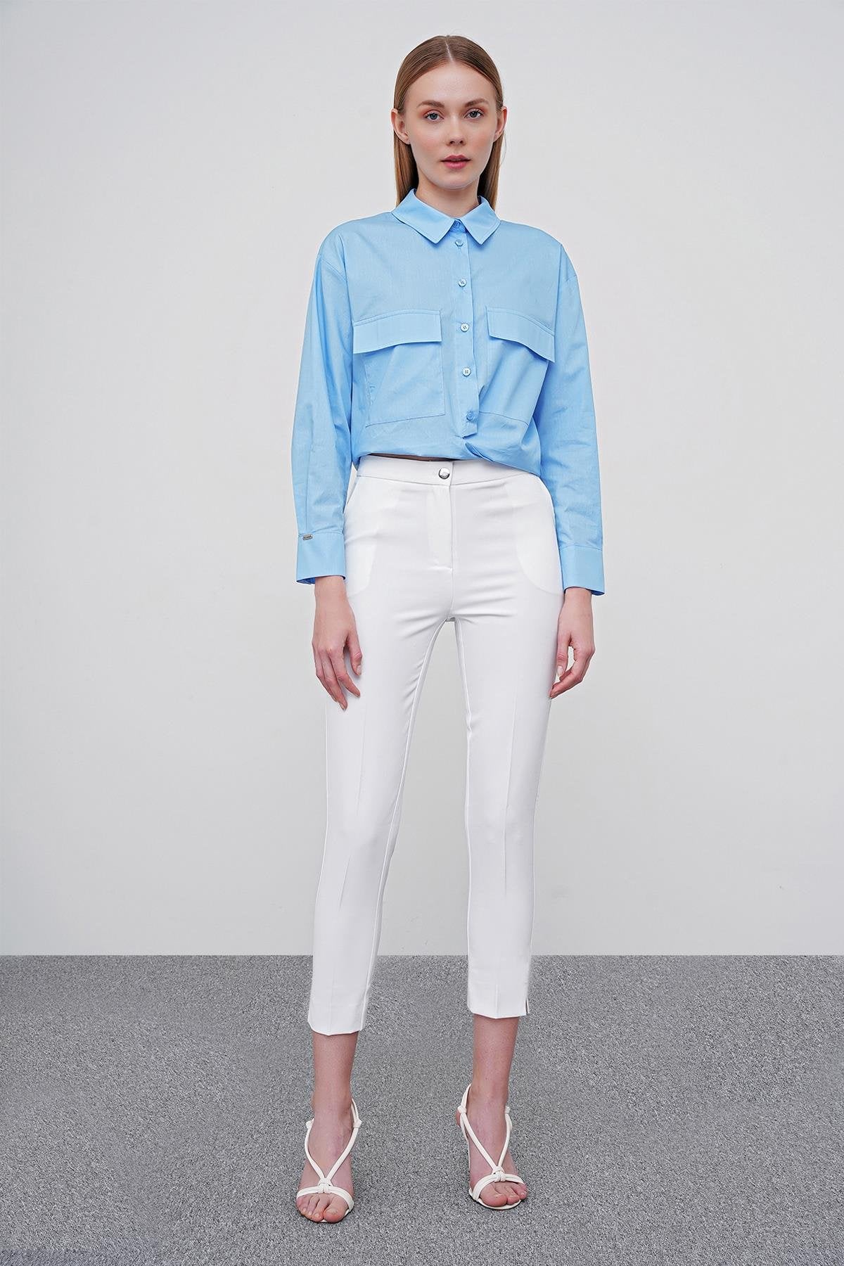 Zühre Dar Paça Kumaş Ekru Pantolon P-0024