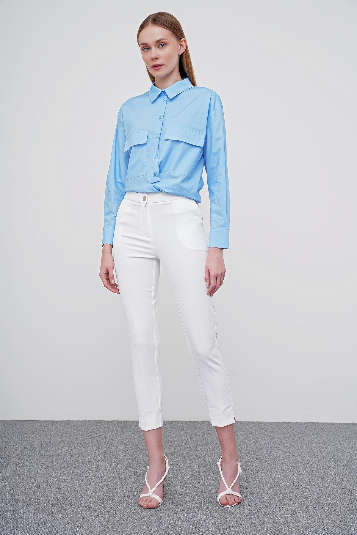 Zühre Dar Paça Kumaş Ekru Pantolon P-0024