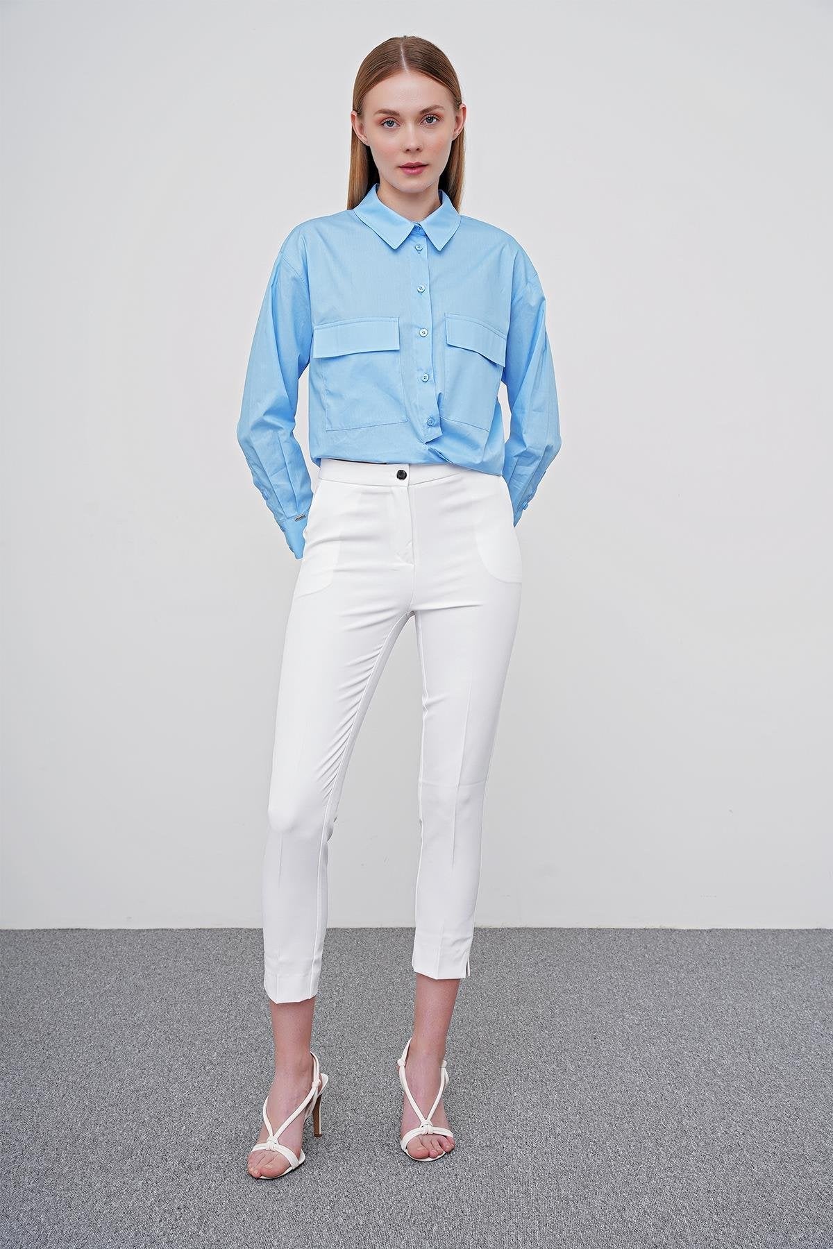 Zühre Dar Paça Kumaş Ekru Pantolon P-0024