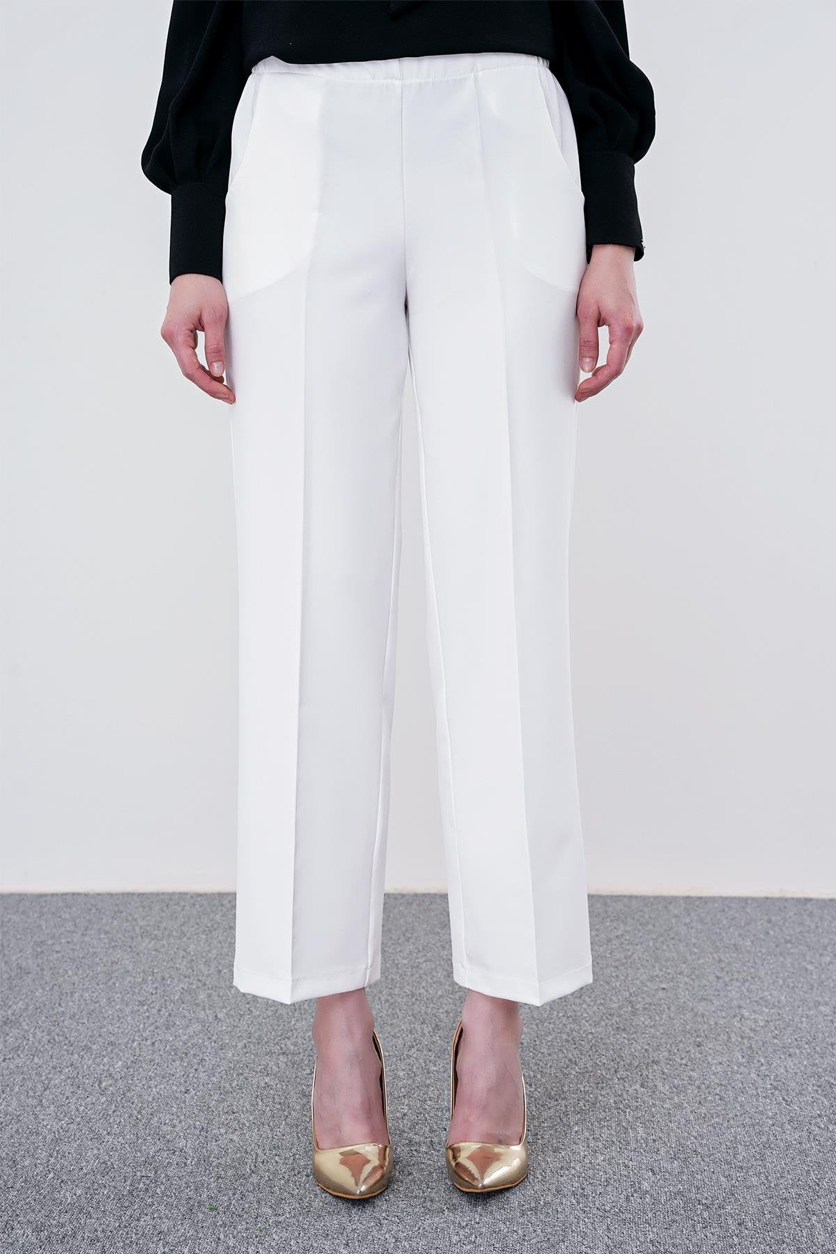 Zühre Bel Lastik Detaylı Bol Paça Kumaş Ekru Pantolon P-0102