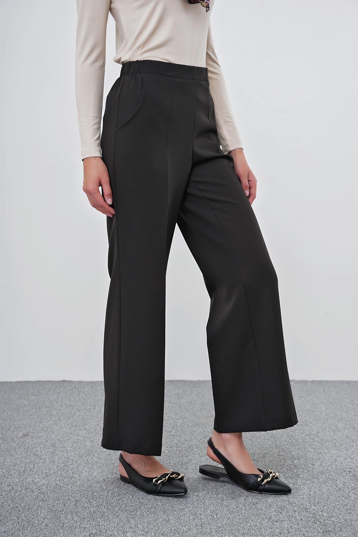 Zühre Bel Lastik Detaylı Bol Paça Kumaş Siyah Pantolon P-0102