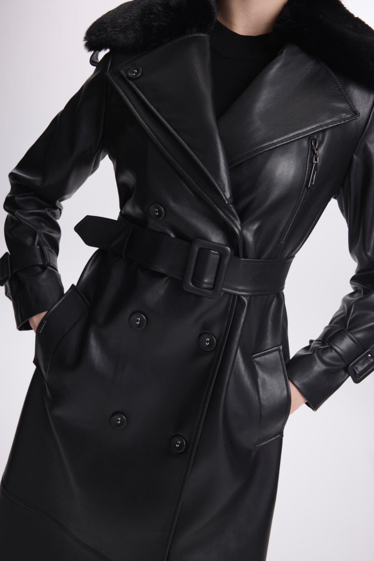 Kürk Yaka Fermuar Detaylı Deri Siyah Trençkot 13527