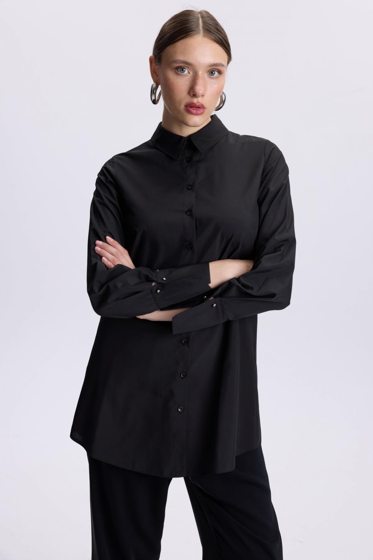 Kol Düğmeli Poplin Siyah Tunik 1506