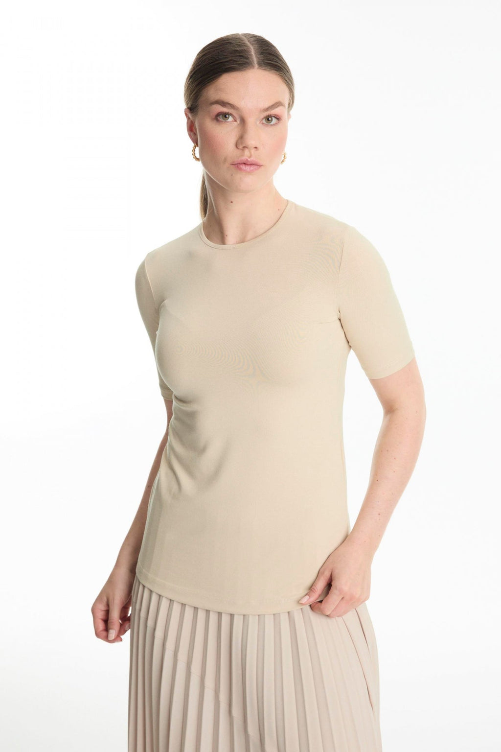 Bisiklet Yaka Basic T-shirt Bej Tunik 0011
