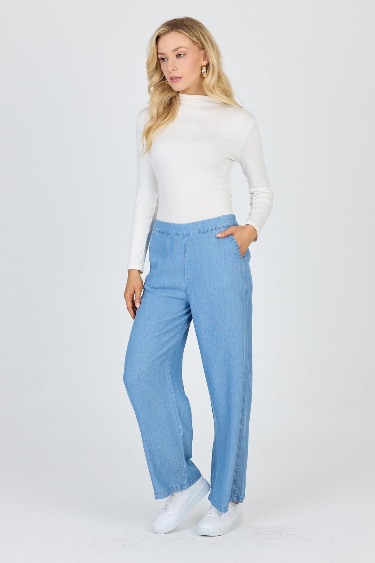 Denim Geniş Paça Mavi Pantolon 0013