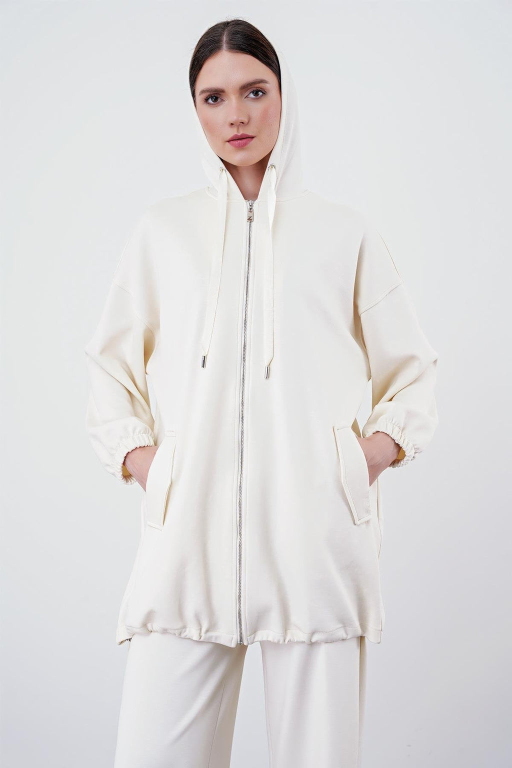 Comfort Fermuarlı Kapüşonlu Sweatshirt Ekru Tunik 0092