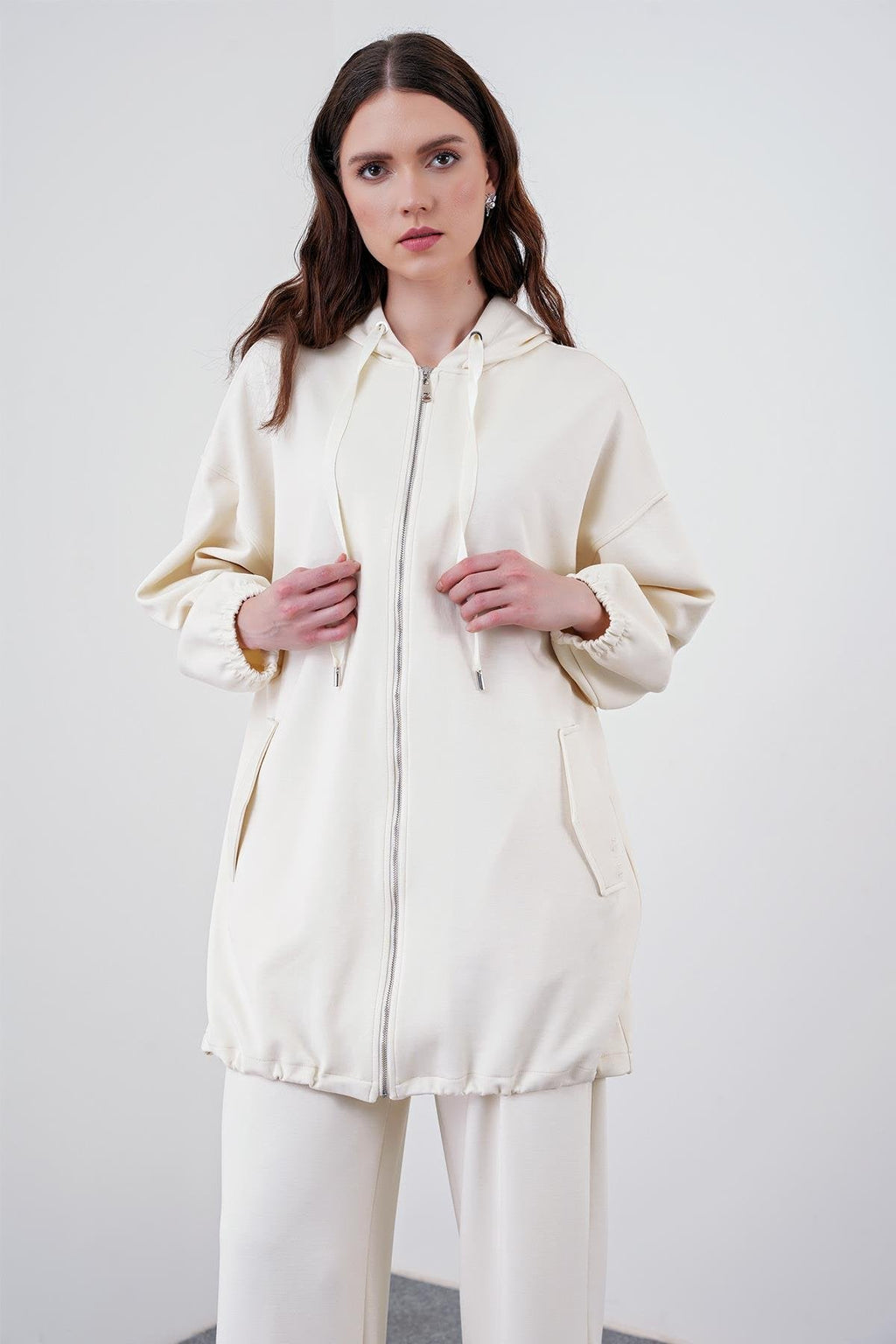 Comfort Fermuarlı Kapüşonlu Sweatshirt Ekru Tunik 0092