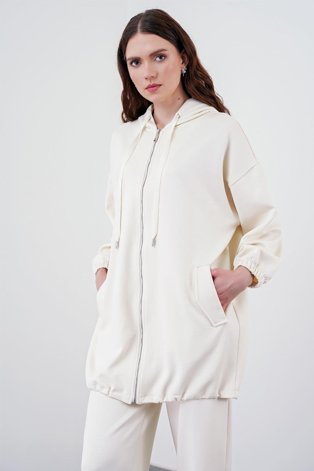 Comfort Fermuarlı Kapüşonlu Sweatshirt Ekru Tunik 0092