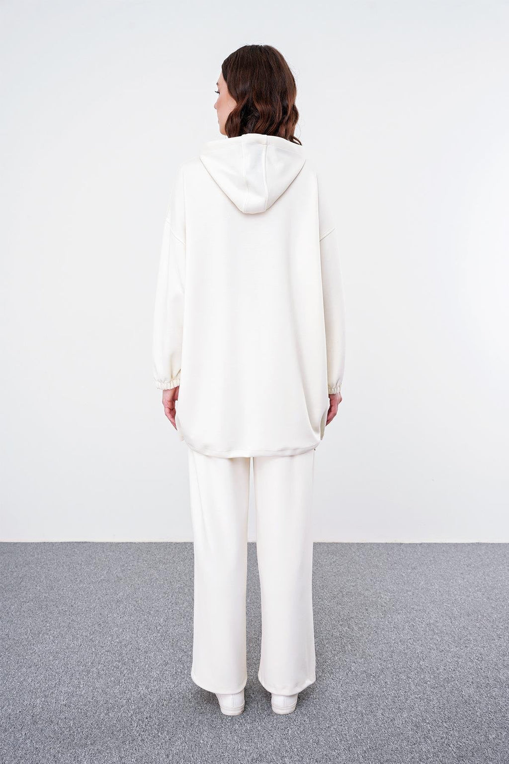 Comfort Fermuarlı Kapüşonlu Sweatshirt Ekru Tunik 0092