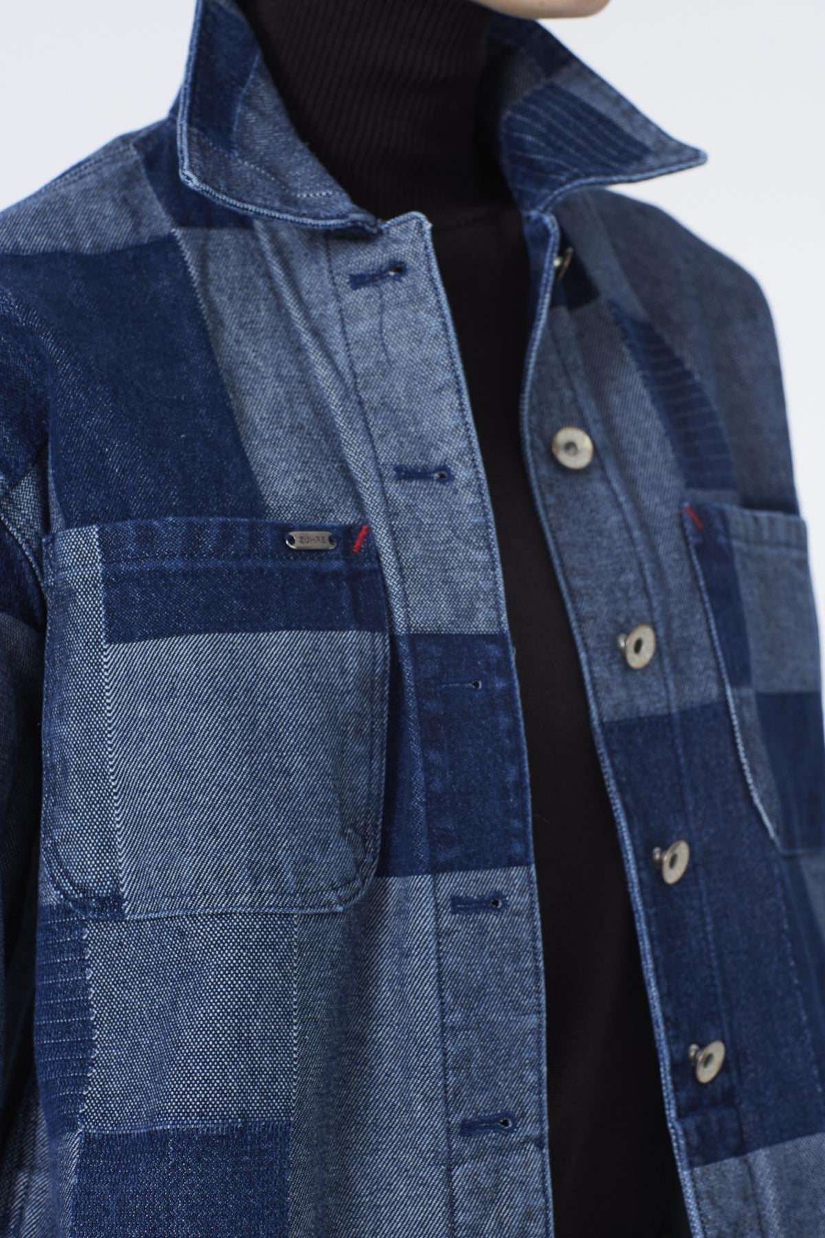 Denim Desenli Cep Detaylı Gri Mavi Ceket 0096