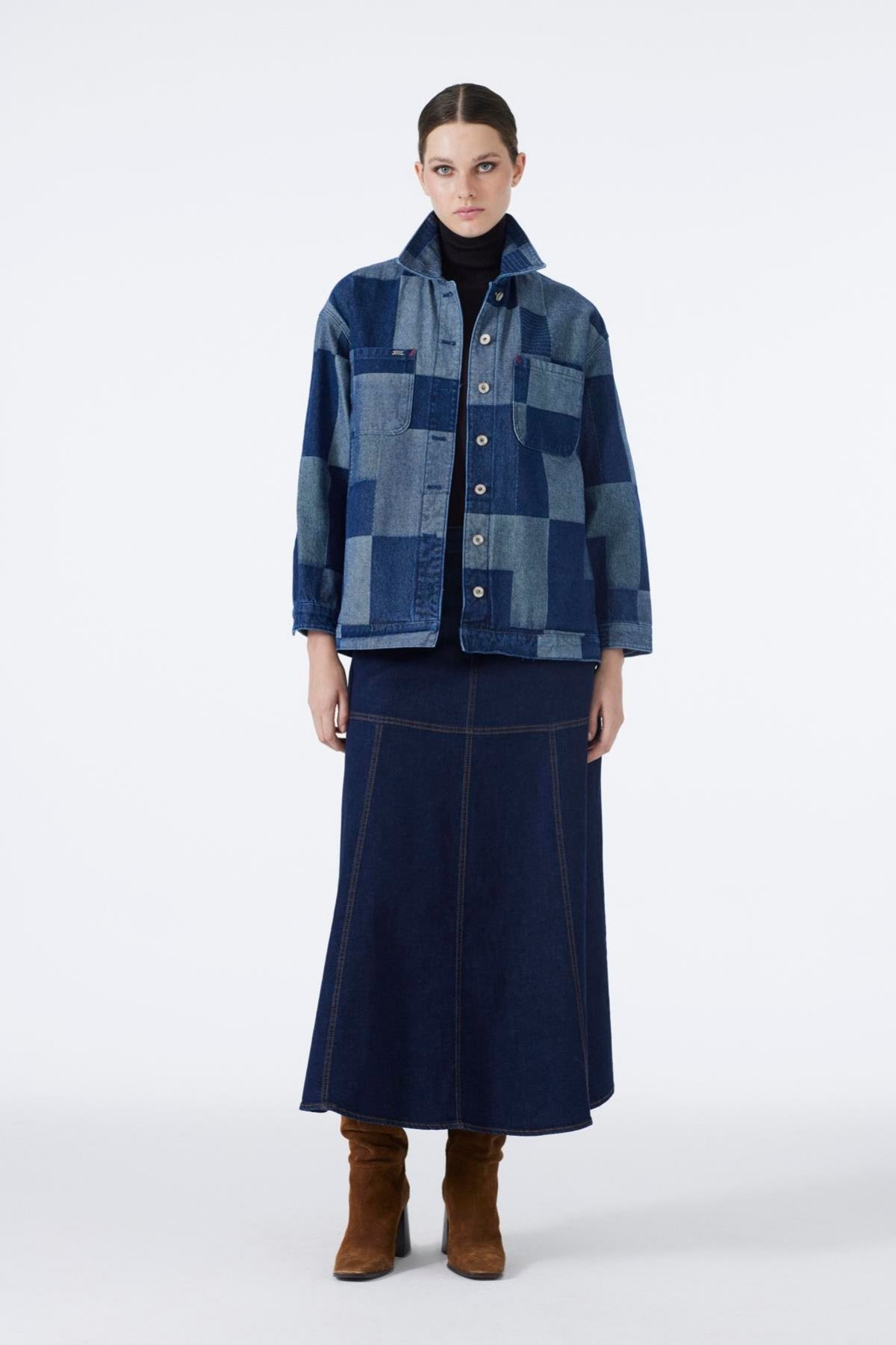 Denim Desenli Cep Detaylı Gri Mavi Ceket 0096