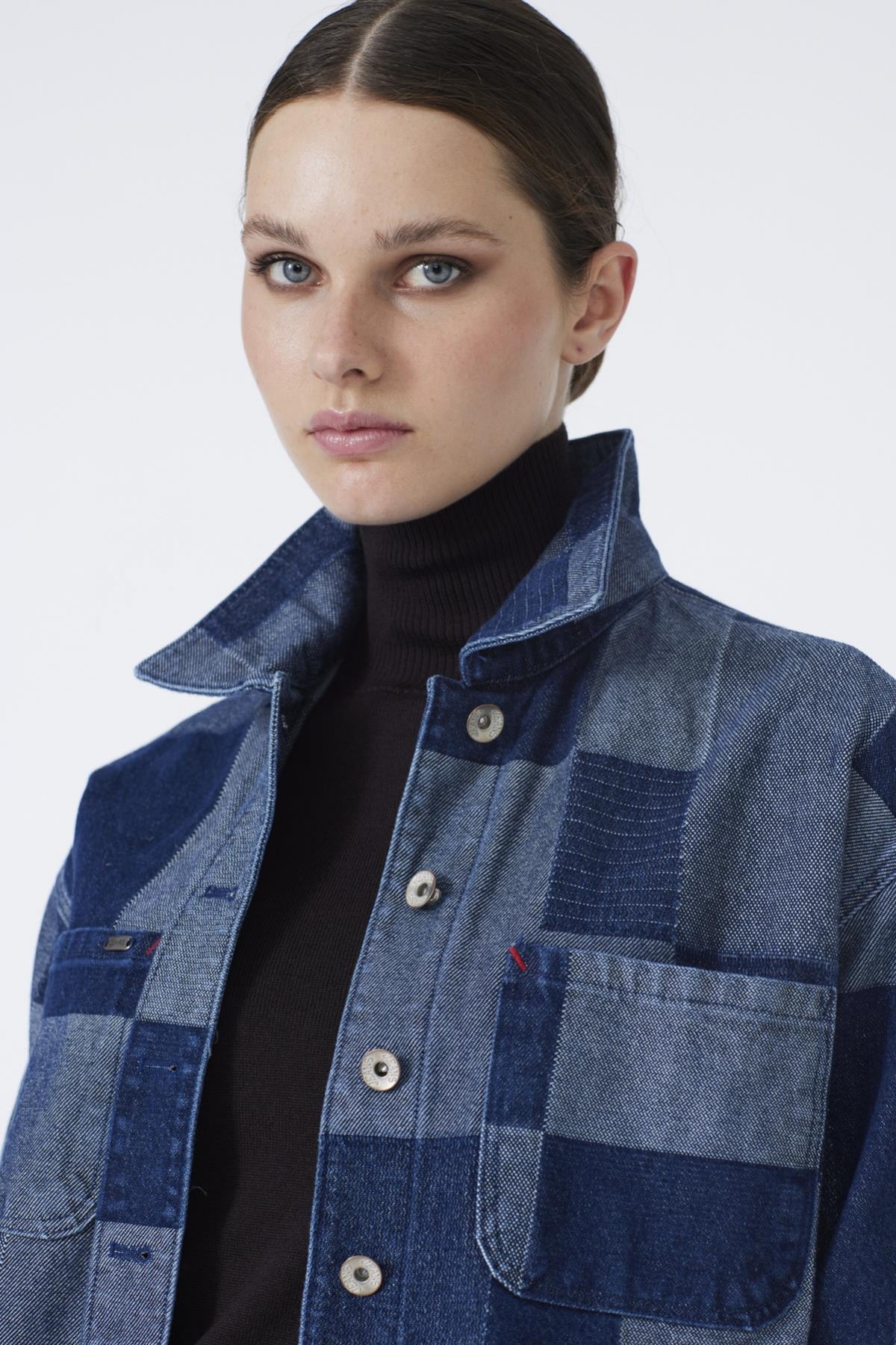 Denim Desenli Cep Detaylı Gri Mavi Ceket 0096