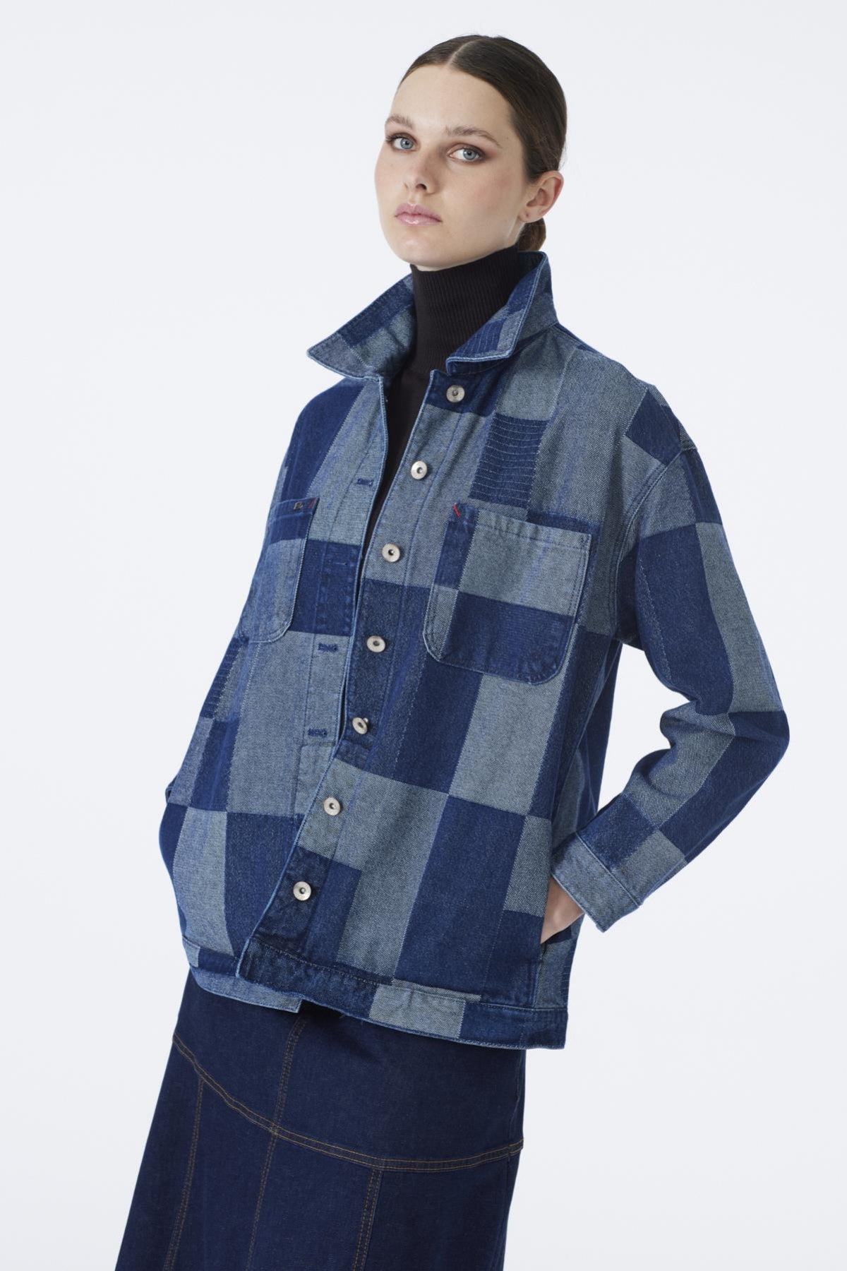 Denim Desenli Cep Detaylı Gri Mavi Ceket 0096