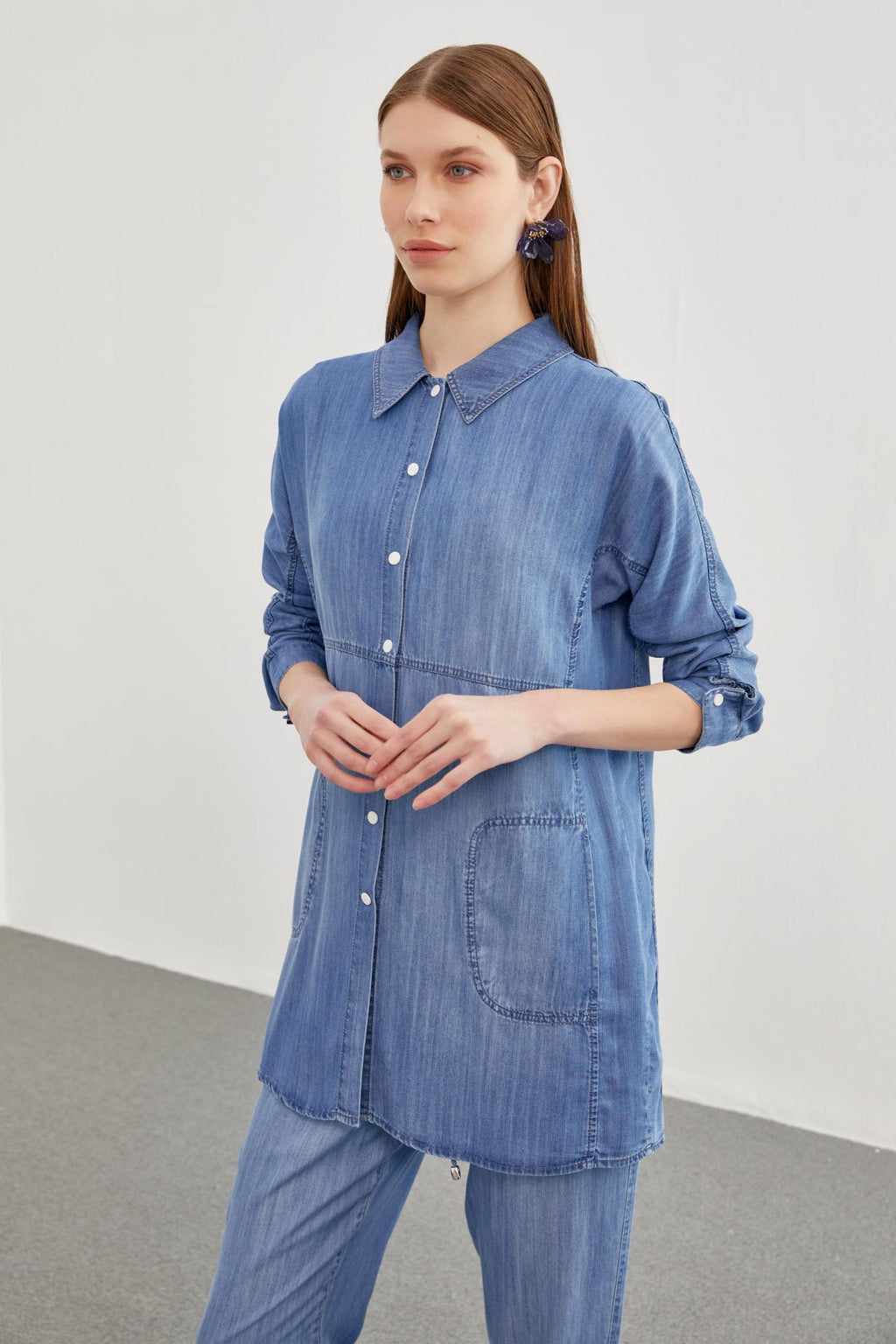 Denim Gömlek Bluz Ikili Mavi Takım 1254