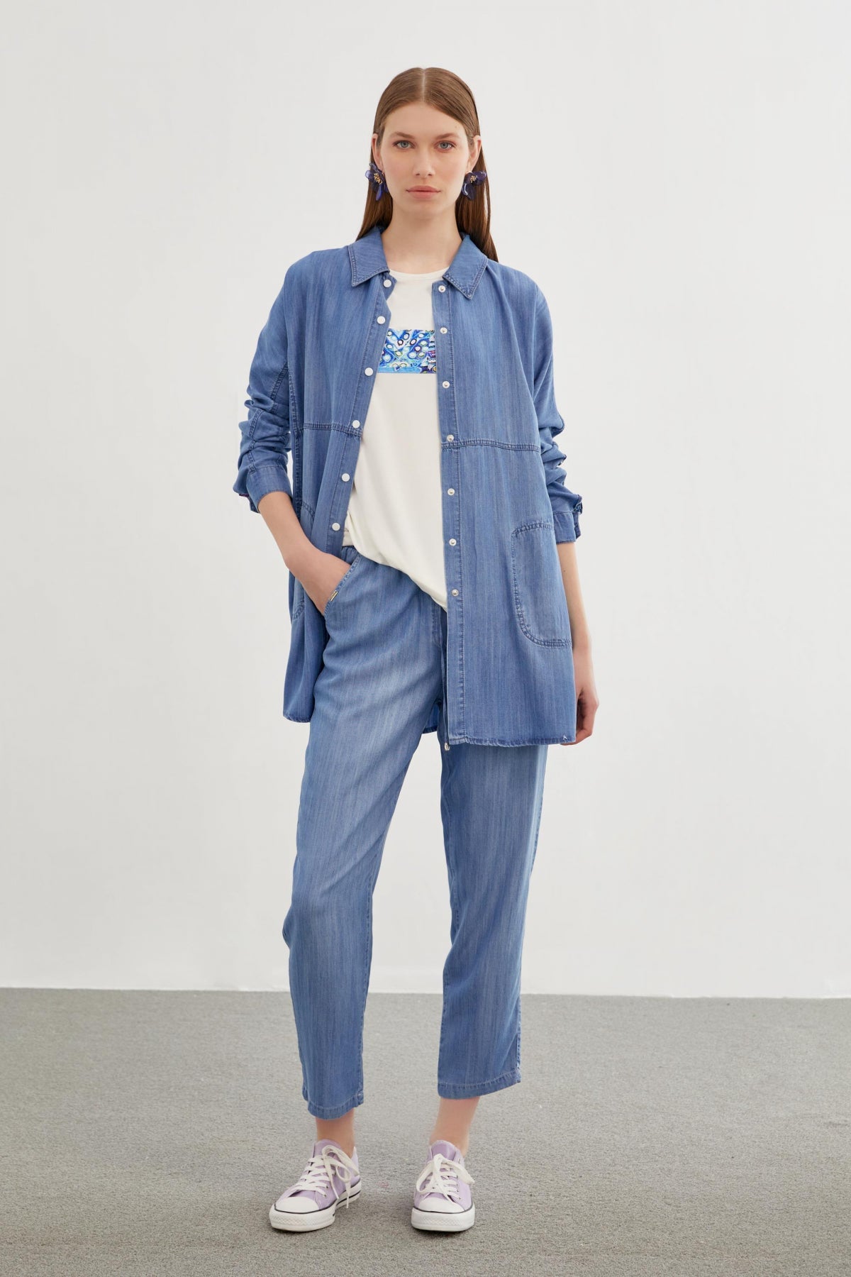 Denim Gömlek Bluz Ikili Mavi Takım 1254