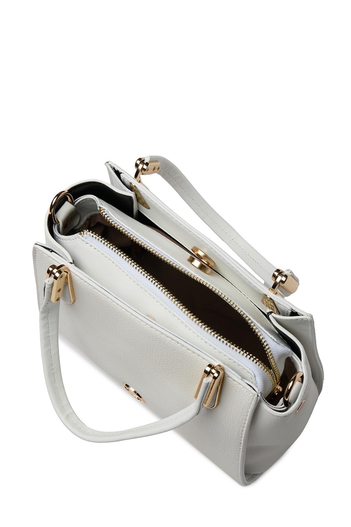 Dokulu Fermuar Kapamalı El Ve Omuz Beyaz Çanta 0047