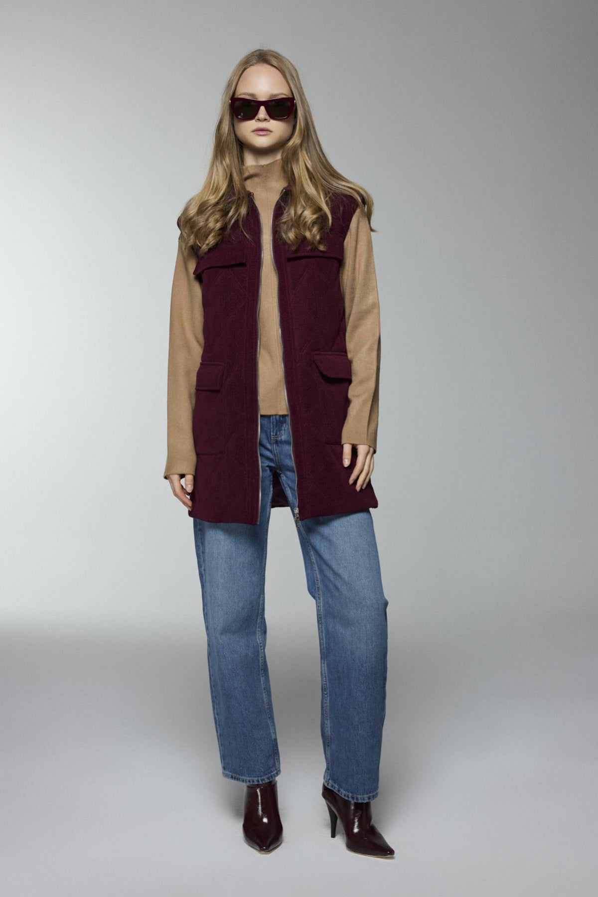 Kemerli Cep Detaylı Bordo Yelek 0097