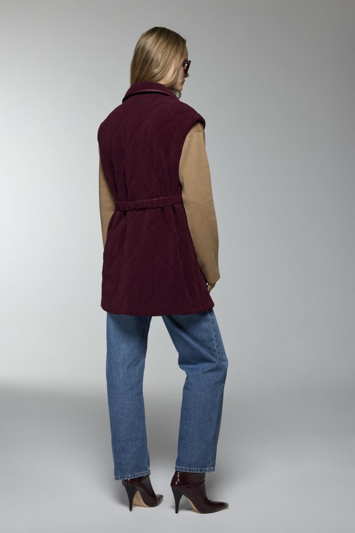 Kemerli Cep Detaylı Bordo Yelek 0097