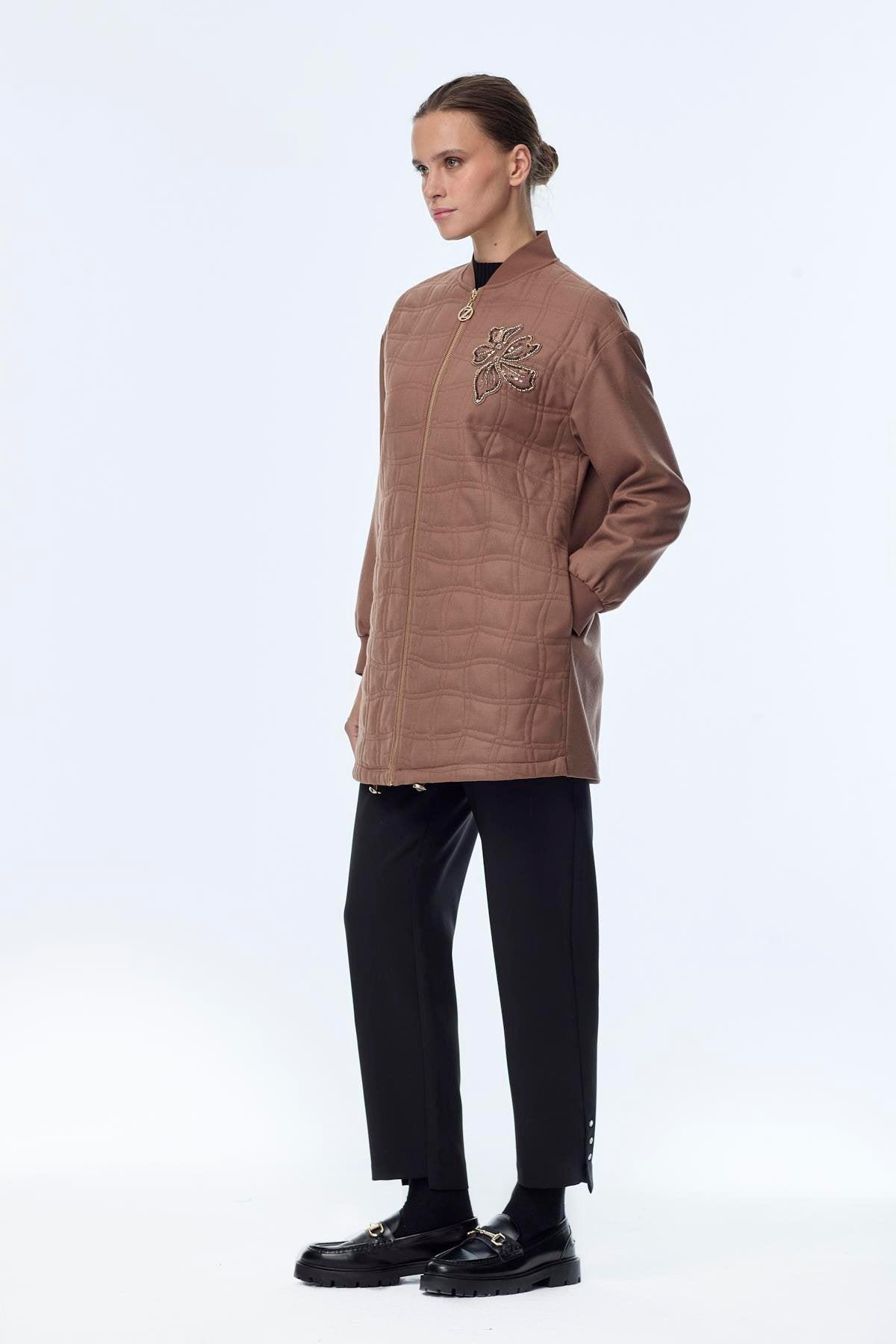 Kapitone Desenli Fermuarlı Ceket Mocha Ceket 0150