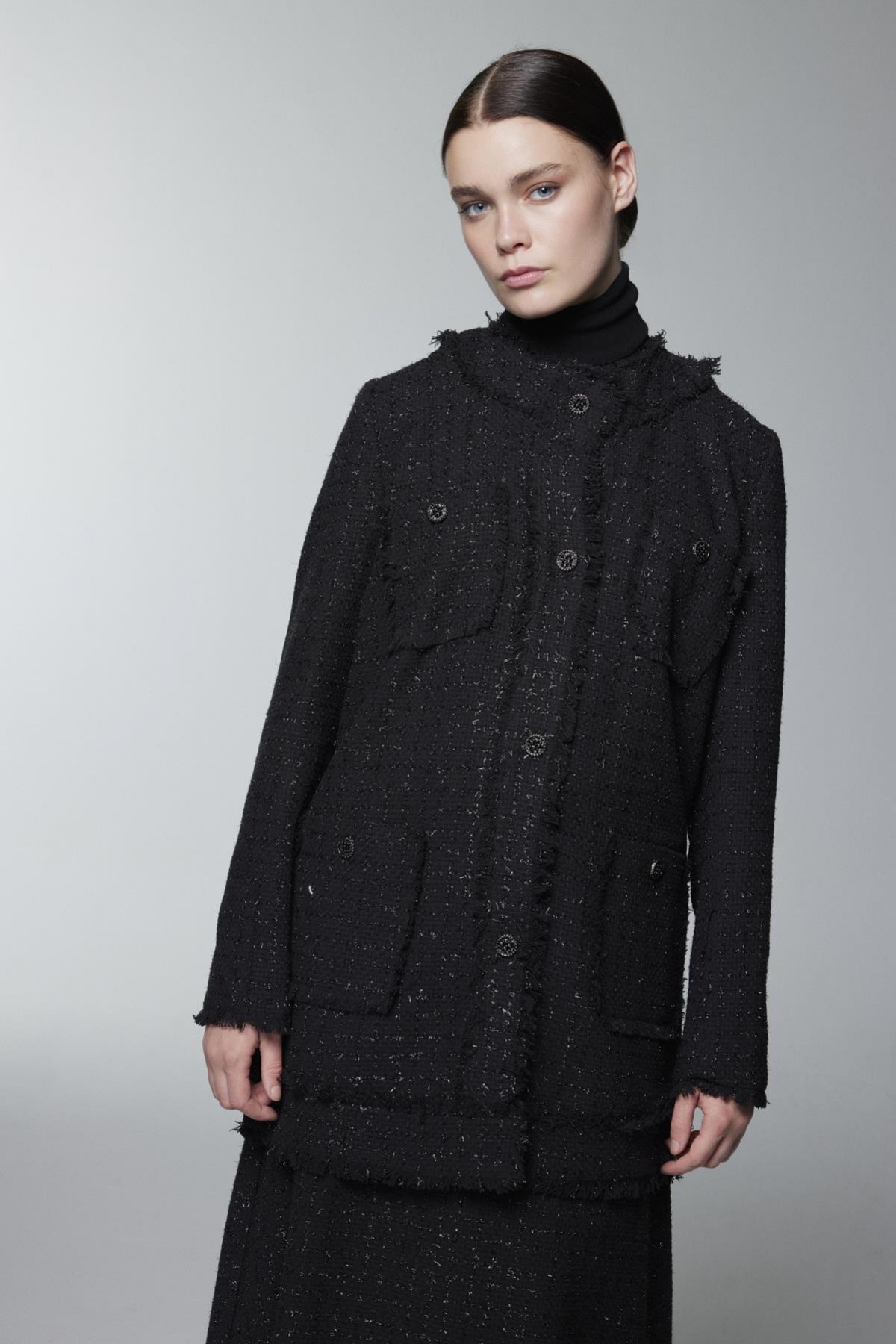 Tweed Dokulu Cep Detaylı Siyah Ceket 0151