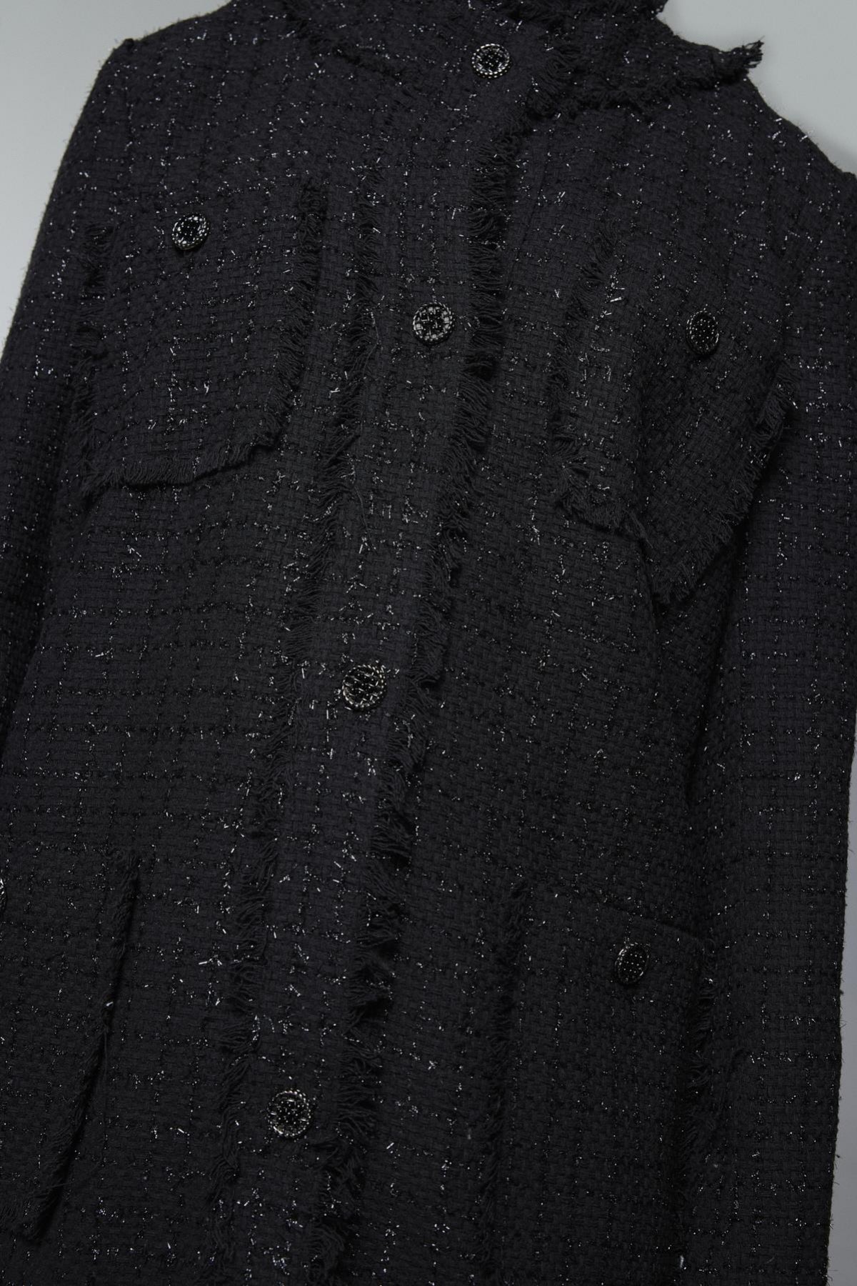 Tweed Dokulu Cep Detaylı Siyah Ceket 0151
