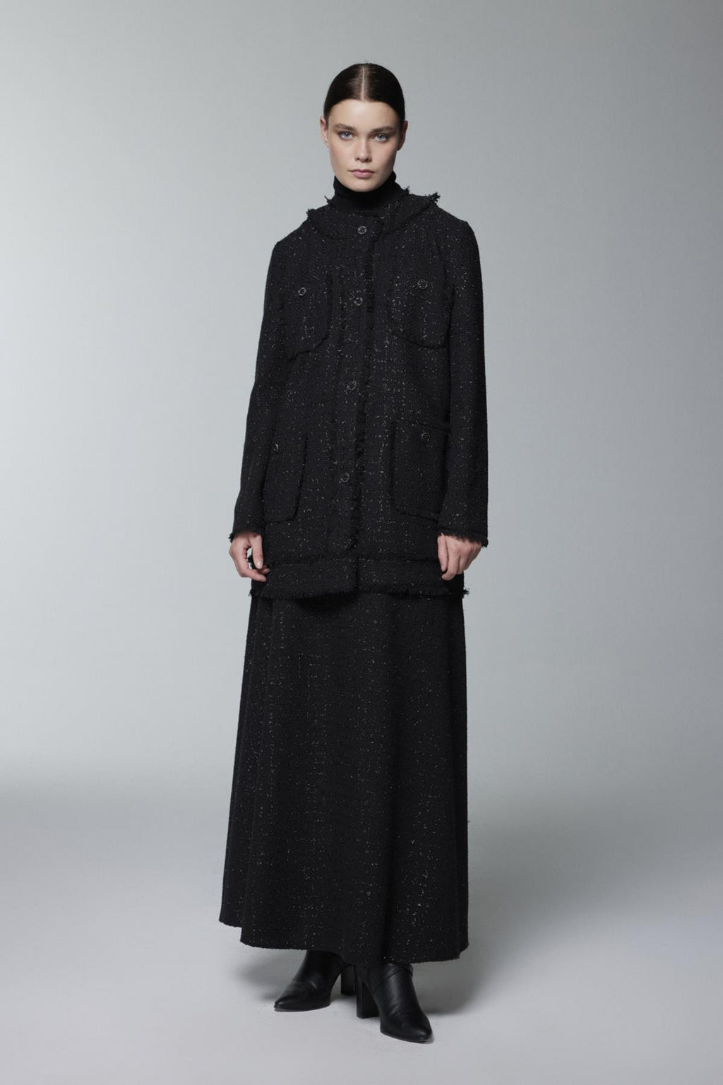 Tweed Dokulu Cep Detaylı Siyah Ceket 0151