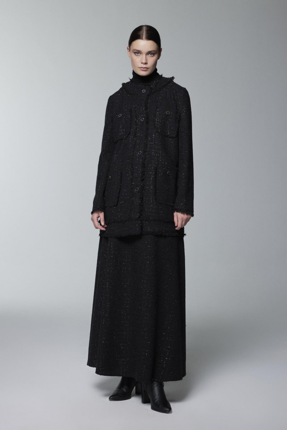 Tweed Dokulu Cep Detaylı Siyah Ceket 0151
