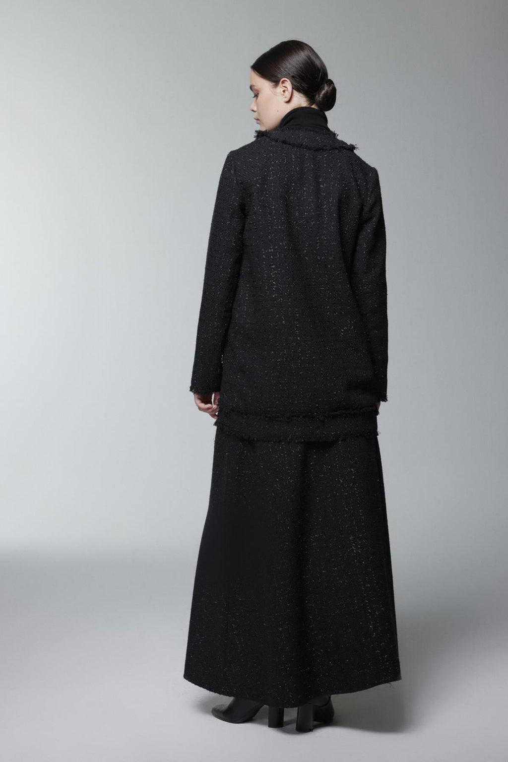 Tweed Dokulu Cep Detaylı Siyah Ceket 0151