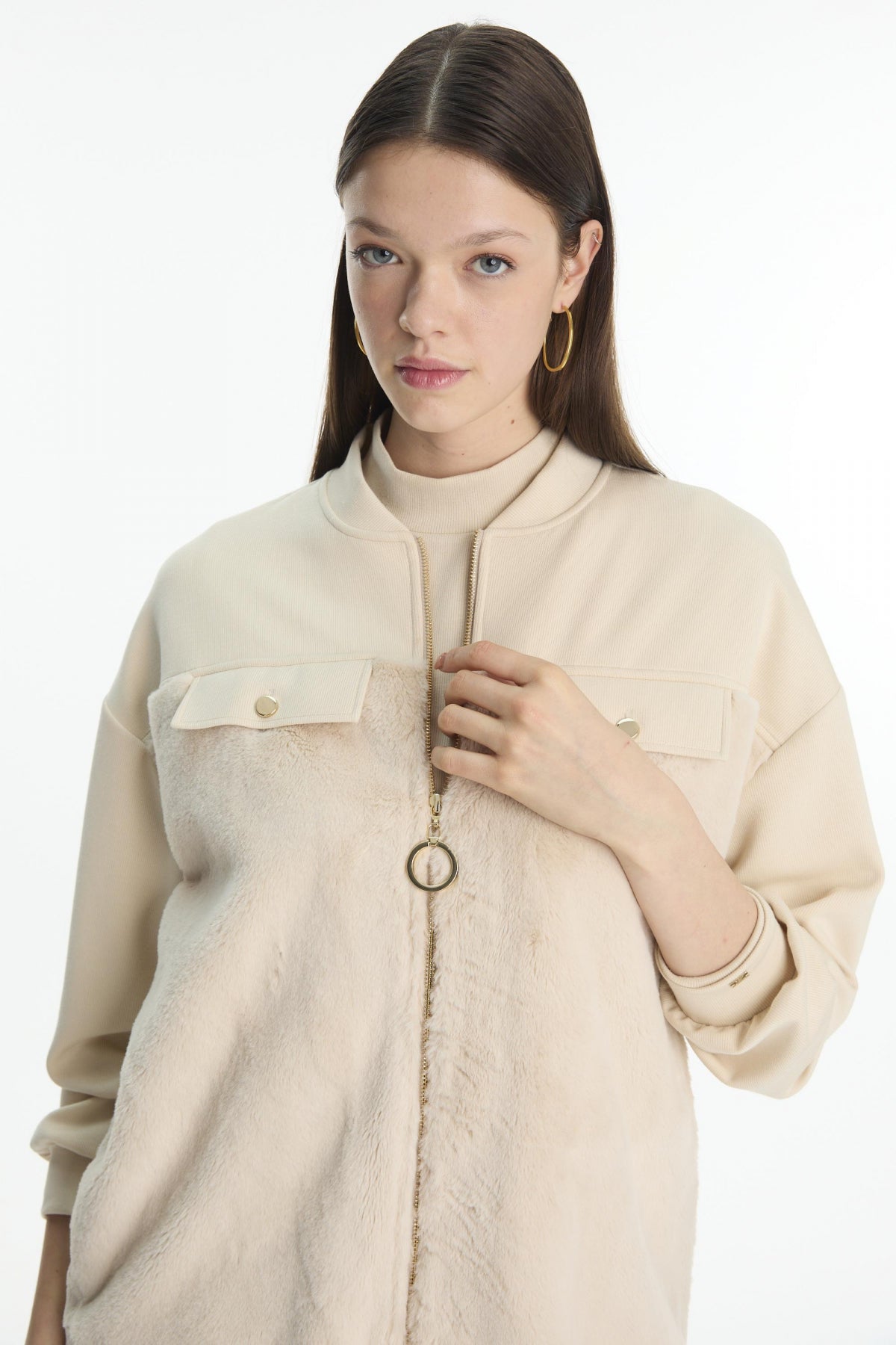 Fermuarlı Peluş Vanilya Ceket 0156