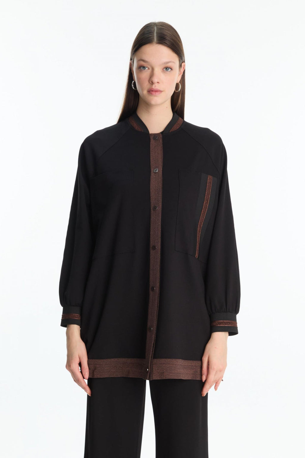 Şerit Detaylı Siyah/kahve Ceket 0166