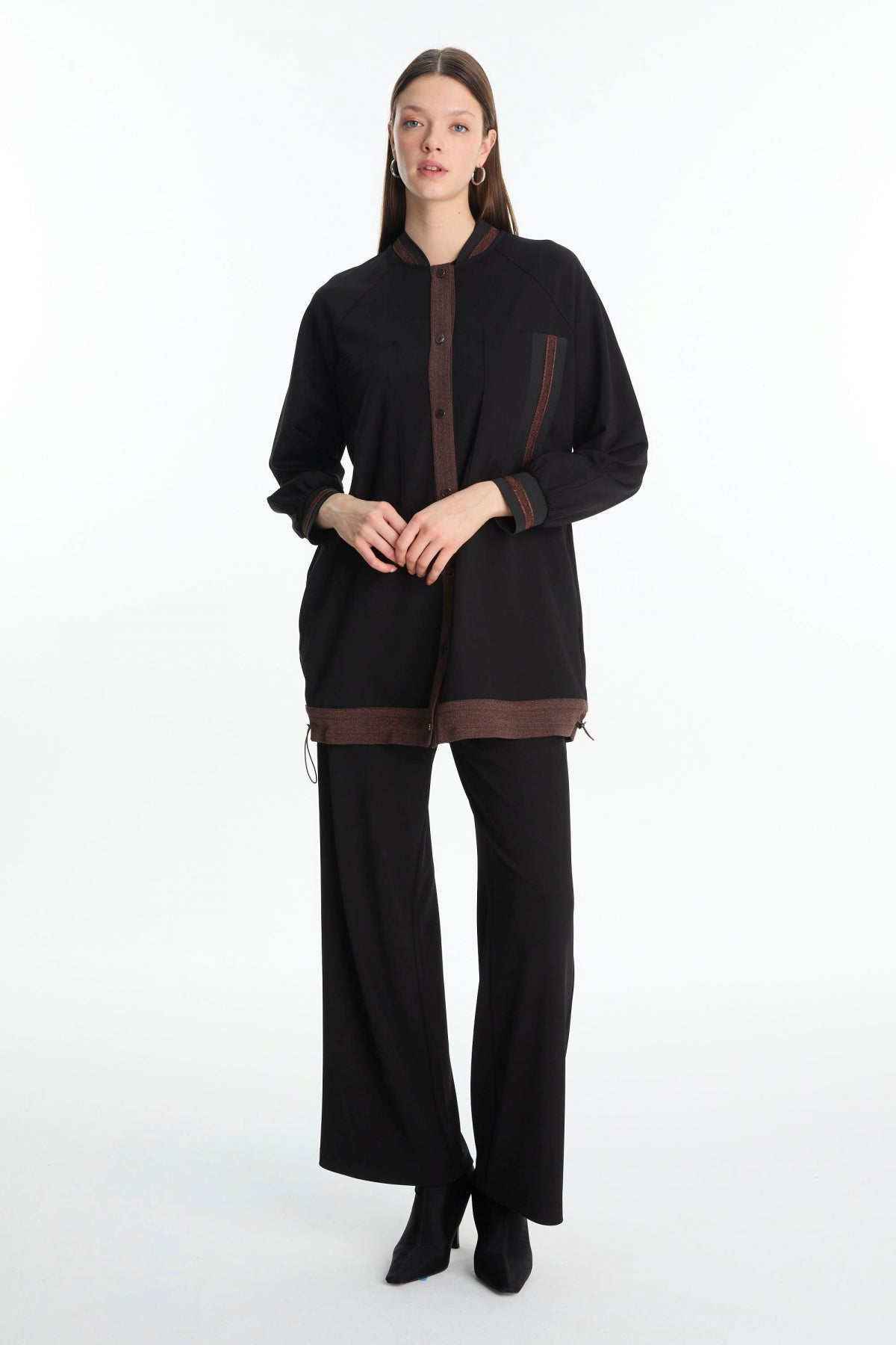 Şerit Detaylı Siyah/kahve Ceket 0166
