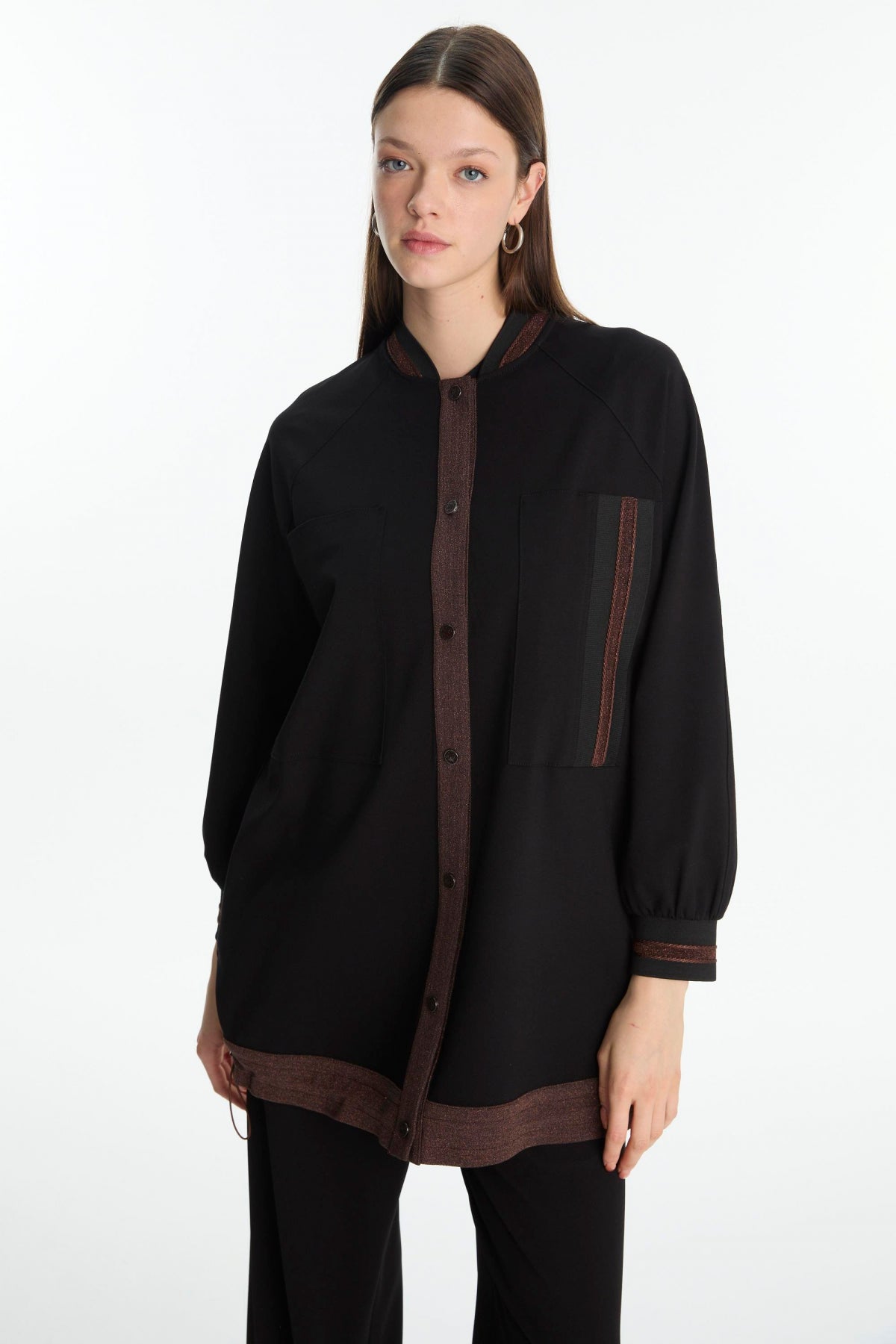Şerit Detaylı Siyah/kahve Ceket 0166
