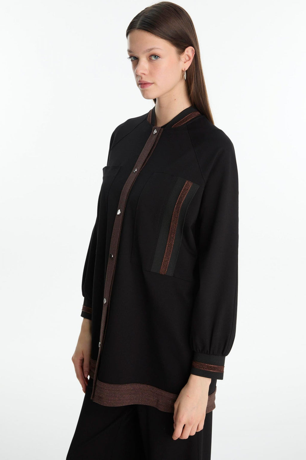 Şerit Detaylı Siyah/kahve Ceket 0166
