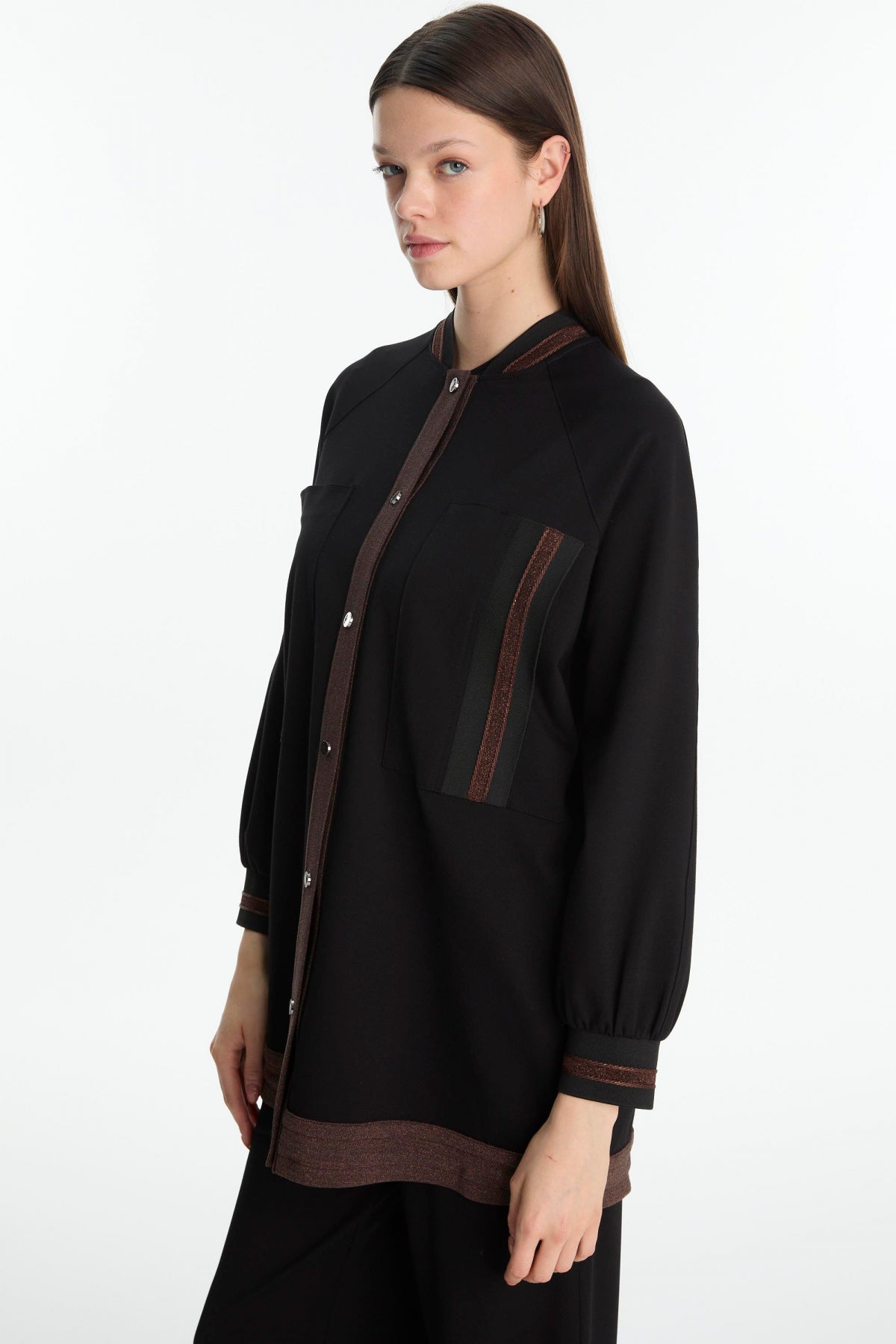 Şerit Detaylı Siyah/kahve Ceket 0166