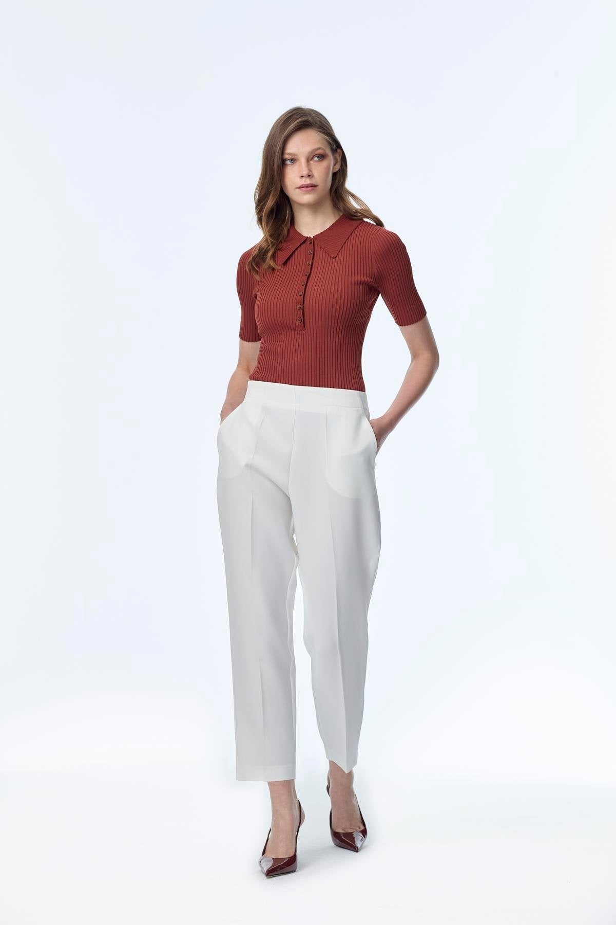 Beli Lastikli Sigaret Ekru Pantolon 0199