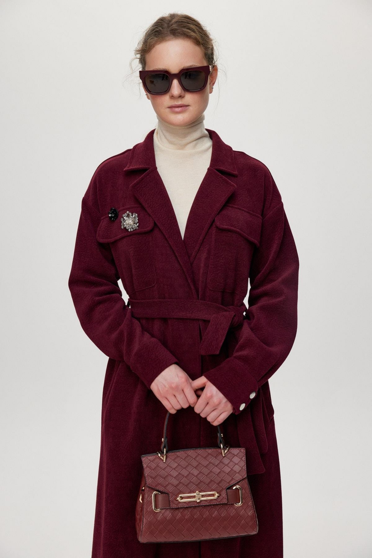 Broş Detaylı Kuşaklı Giy Çık Bordo Giy Çık 0217