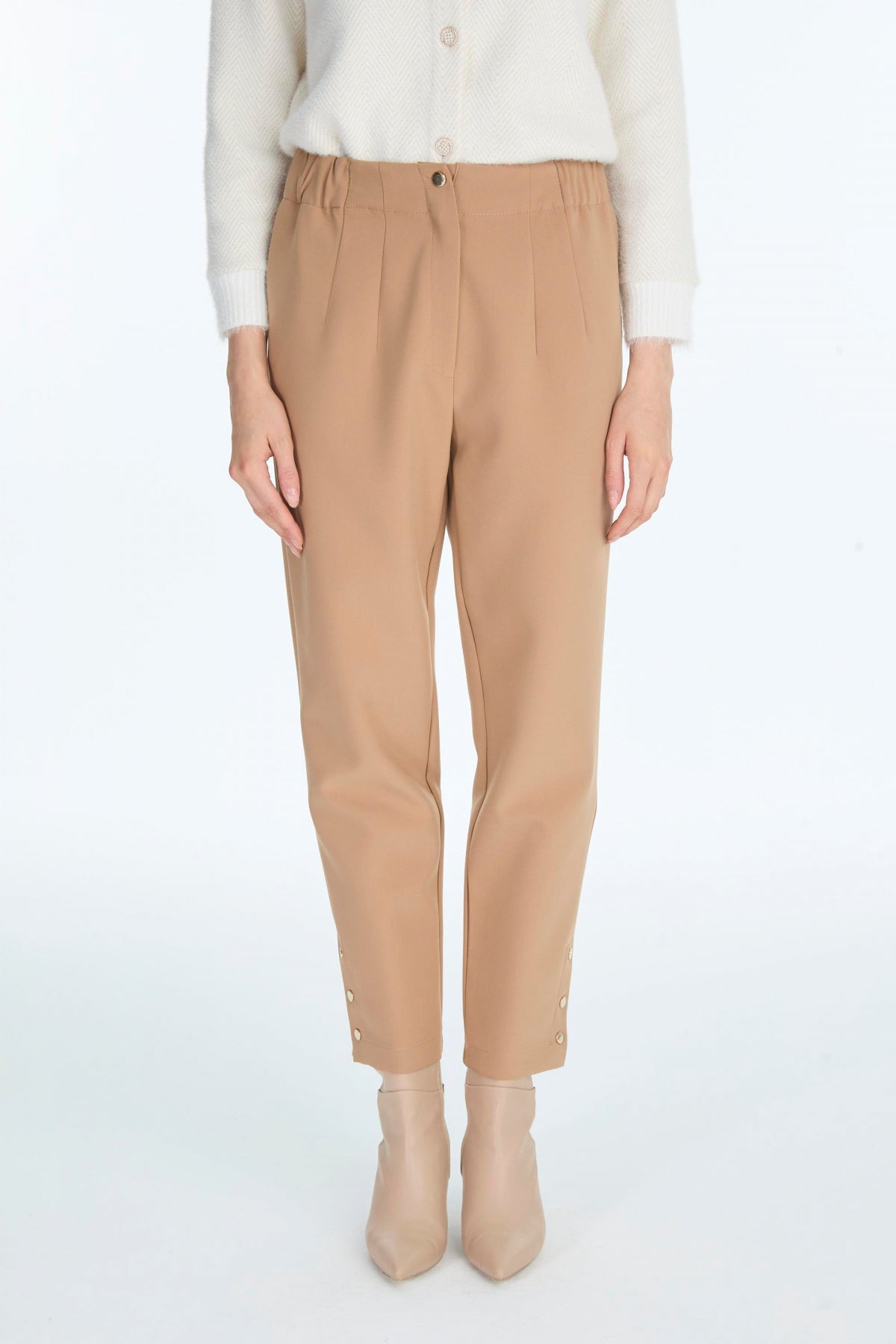 Beli Lastikli Düğme Detaylı Cigarette Camel Pantolon 0251