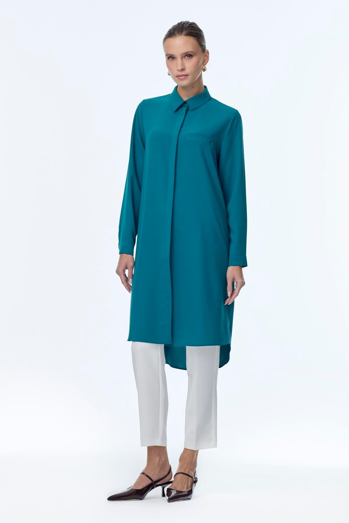 Gizli Düğme Detaylı Tunik Petrol Tunik 0767