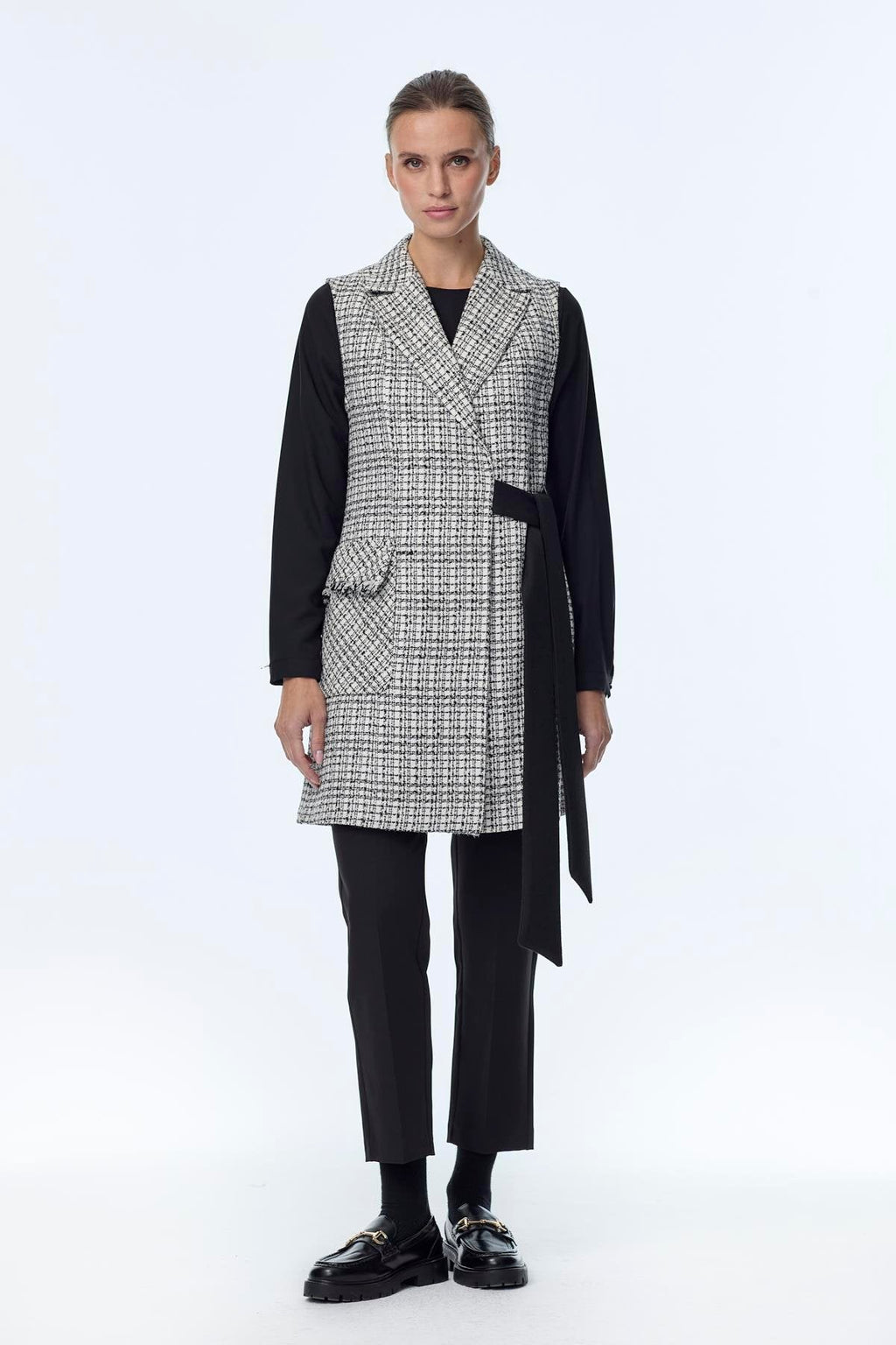 Tweed Desenli Kuşak Detaylı Ikili Ekru Takım 1389
