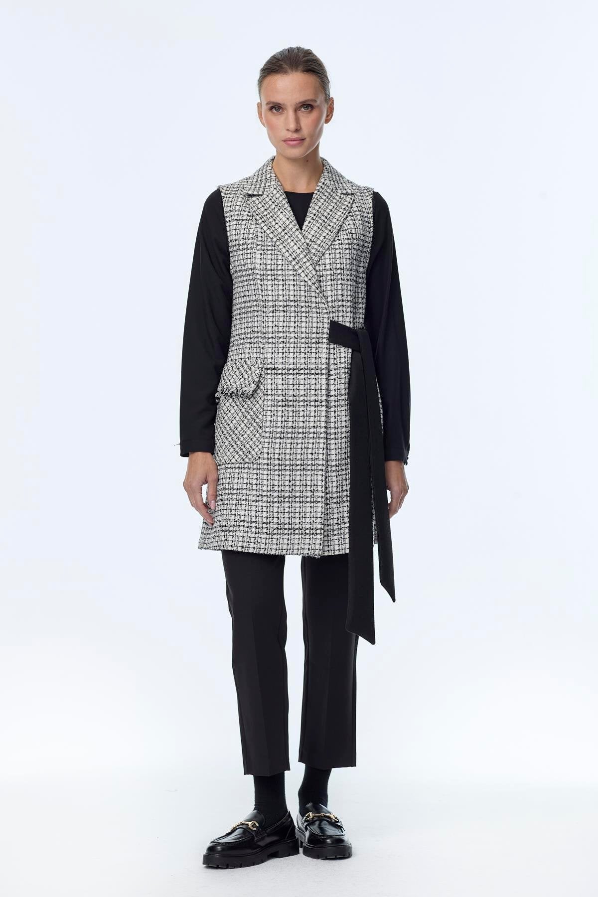 Tweed Desenli Kuşak Detaylı Ikili Ekru Takım 1389