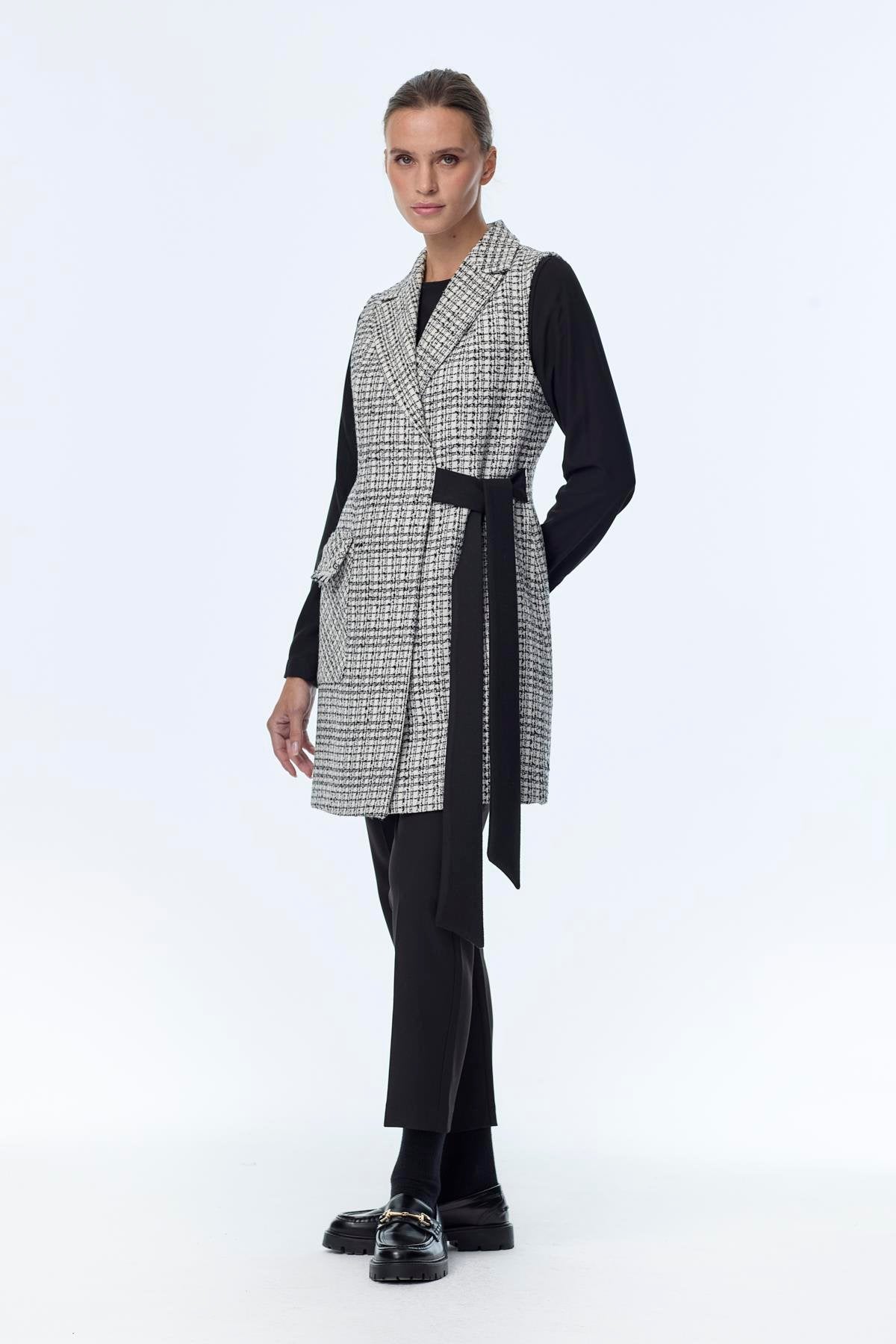 Tweed Desenli Kuşak Detaylı Ikili Ekru Takım 1389