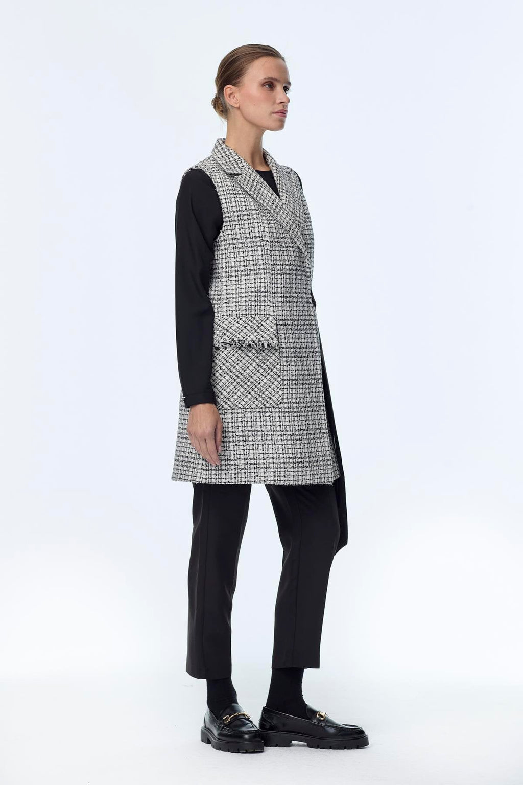 Tweed Desenli Kuşak Detaylı Ikili Ekru Takım 1389