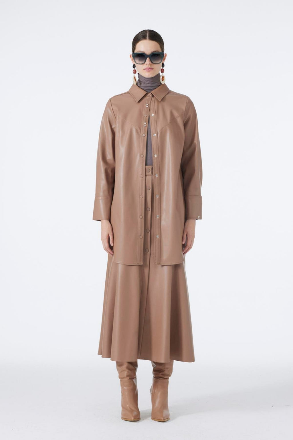 Gömlek Yaka Aksesuar Detaylı Deri Camel Tunik 1598
